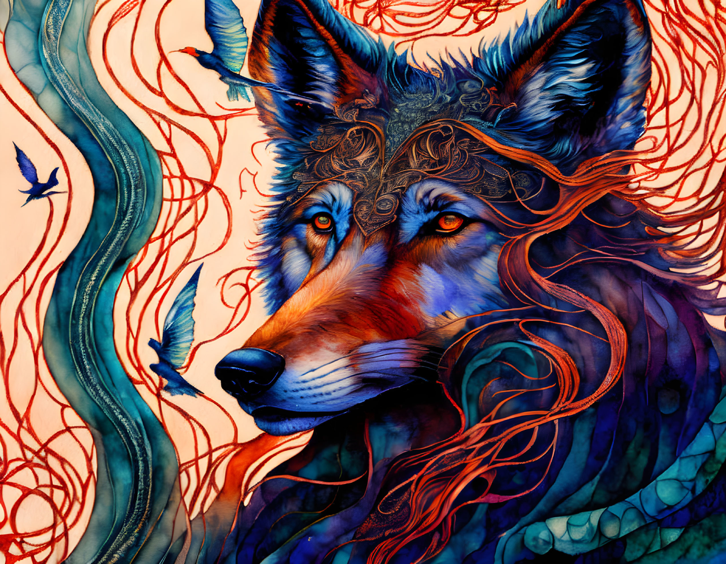 Colorful Wolf Illustration with Intricate Patterns and Abstract Designs