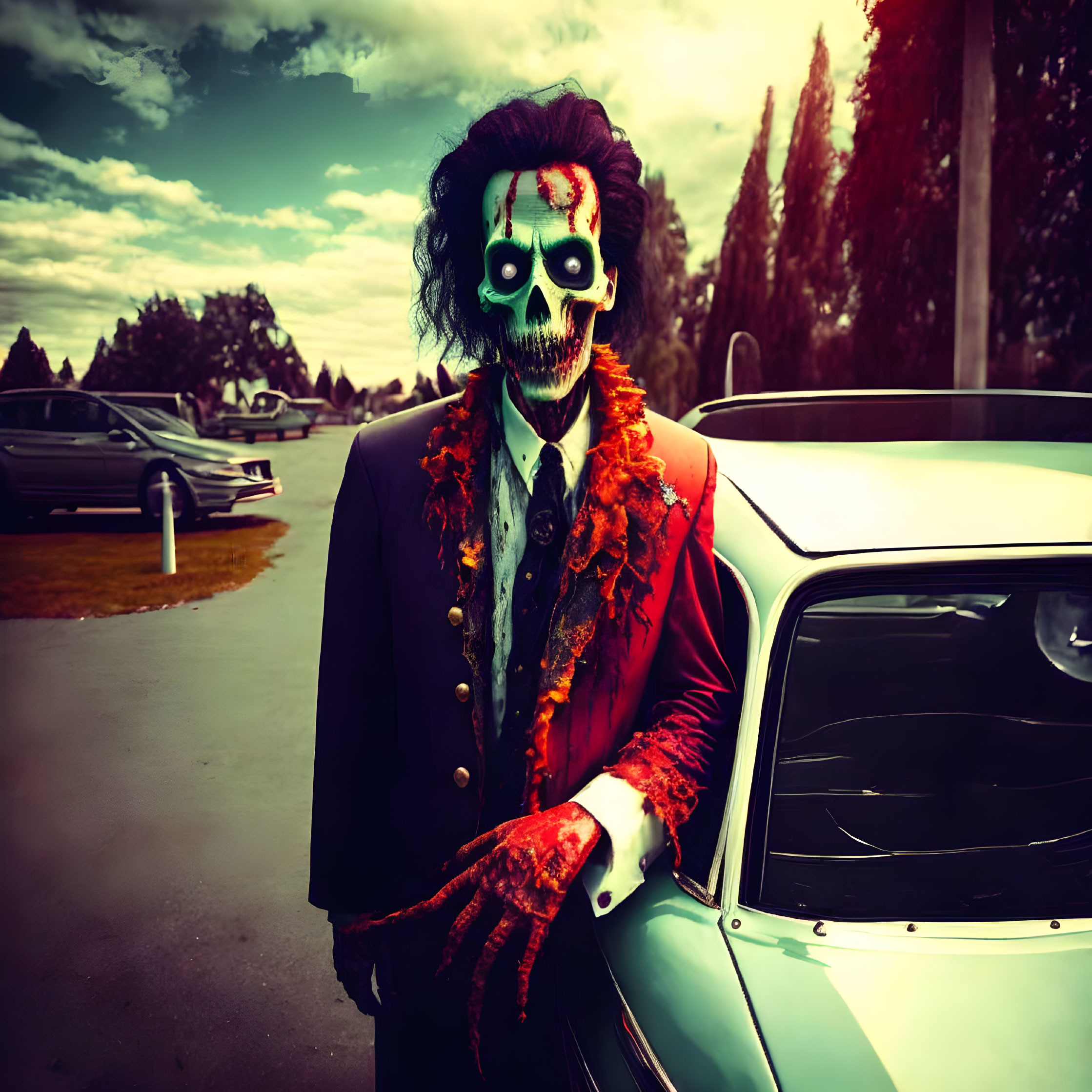 Person in skull mask with red suit by vintage car and eerie landscape