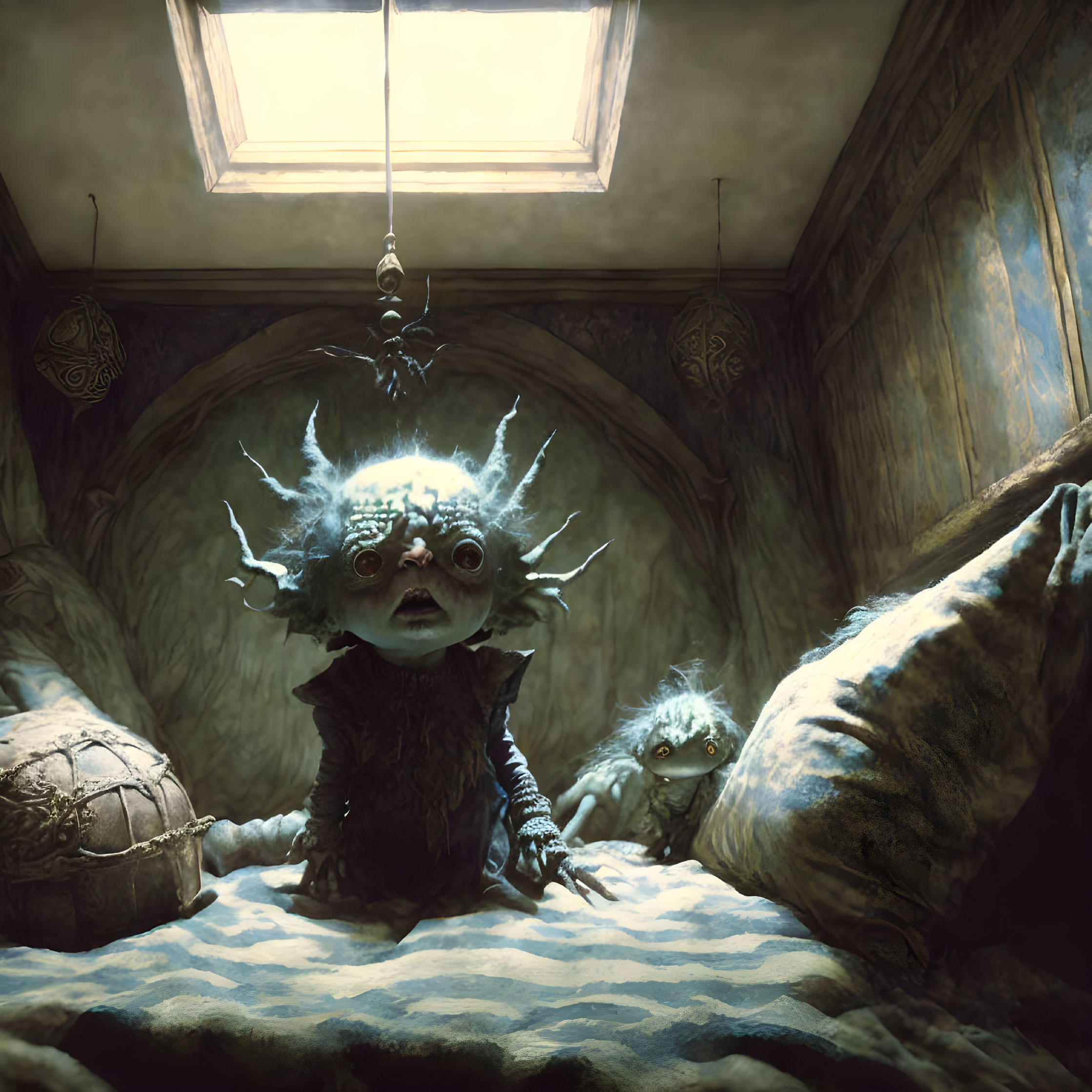 Surreal creatures with spiky crowns in dim, dusty room