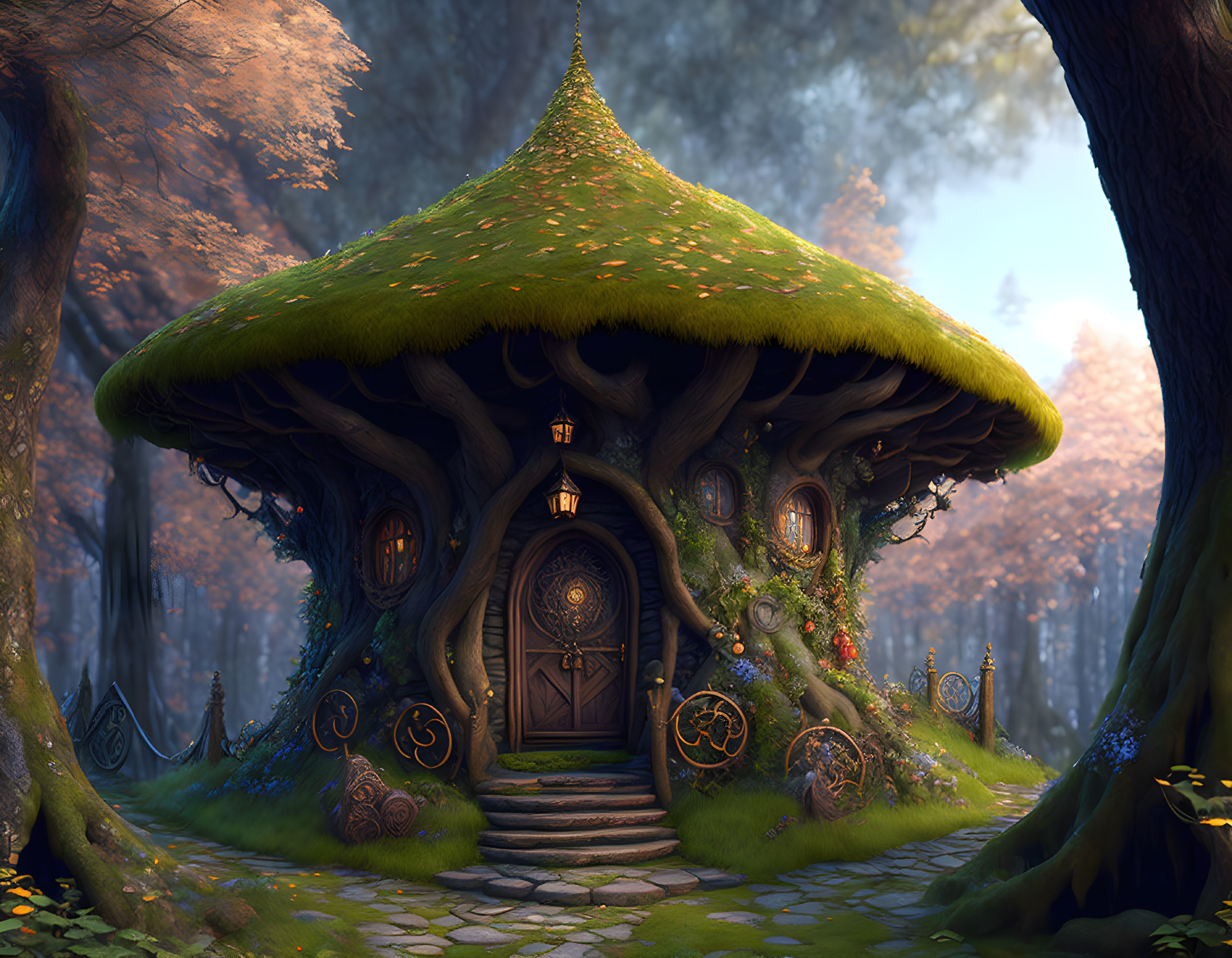 Whimsical mushroom house in autumn forest with thatched roof and wooden door