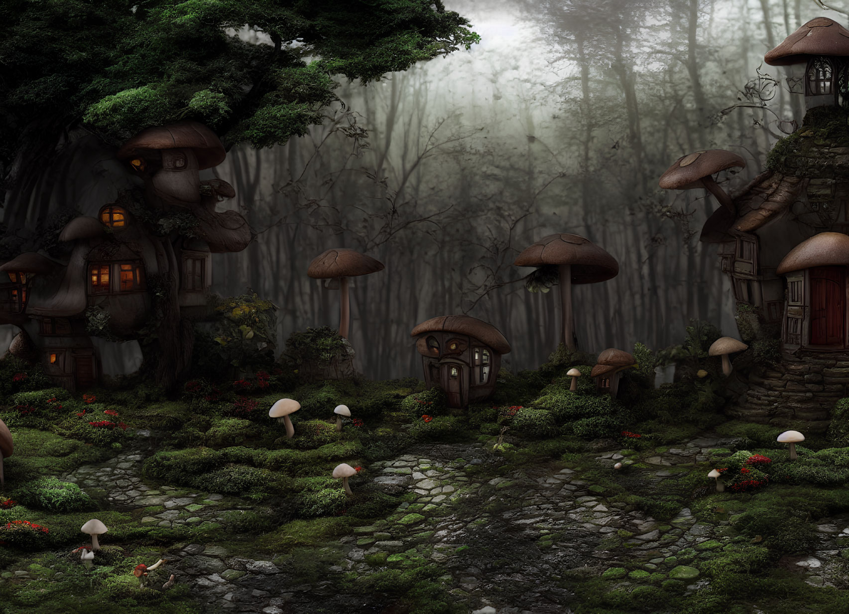 Enchanted Forest with Mushroom Houses and Cobblestone Paths