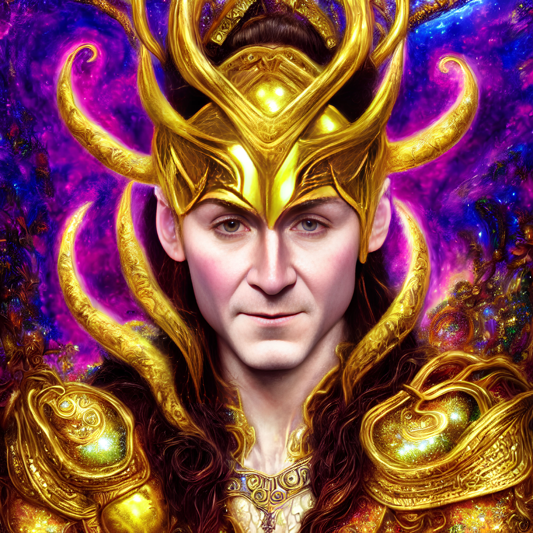 Character with Golden Crown and Armor in Colorful Cosmic Setting