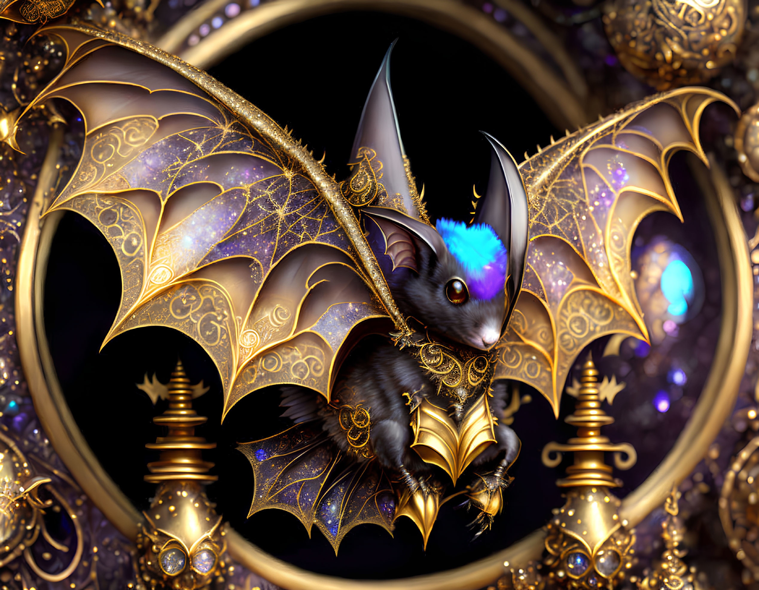 Golden-winged bat with blue fur in ornate setting