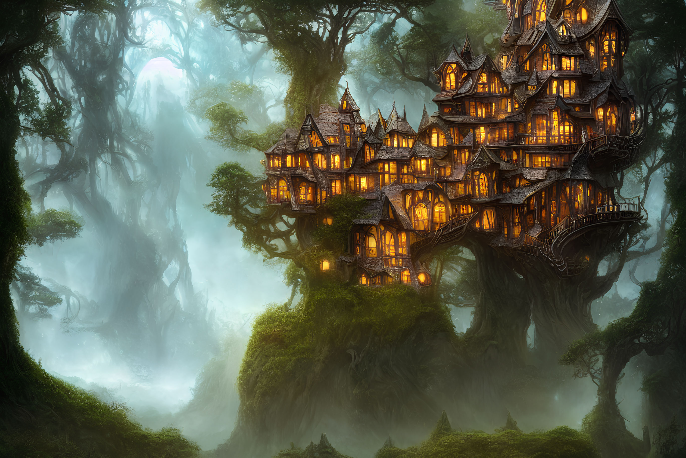 Enchanting Fantasy Treehouse in Misty Forest