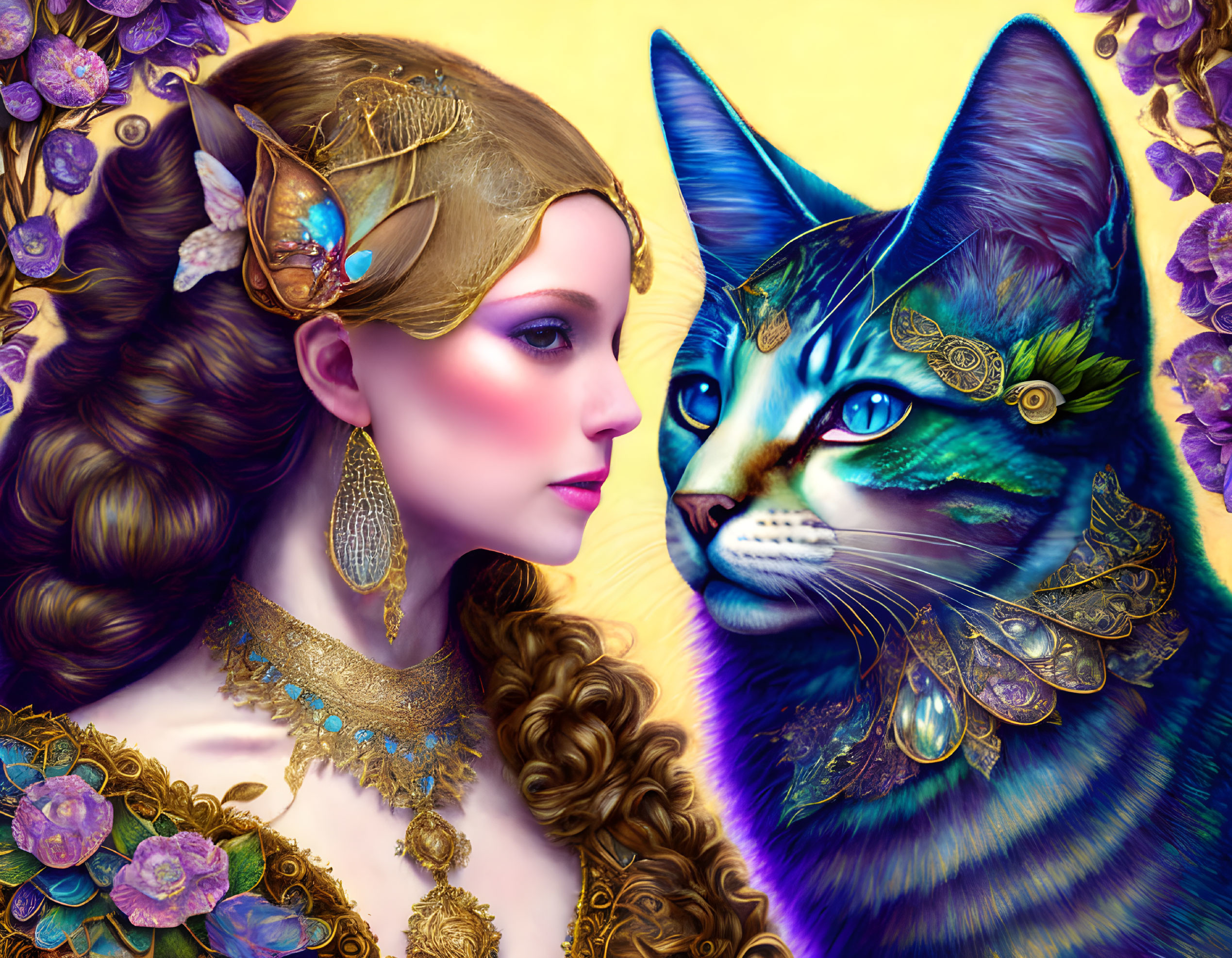 Elaborately adorned woman and cat with gold jewelry against purple flower background