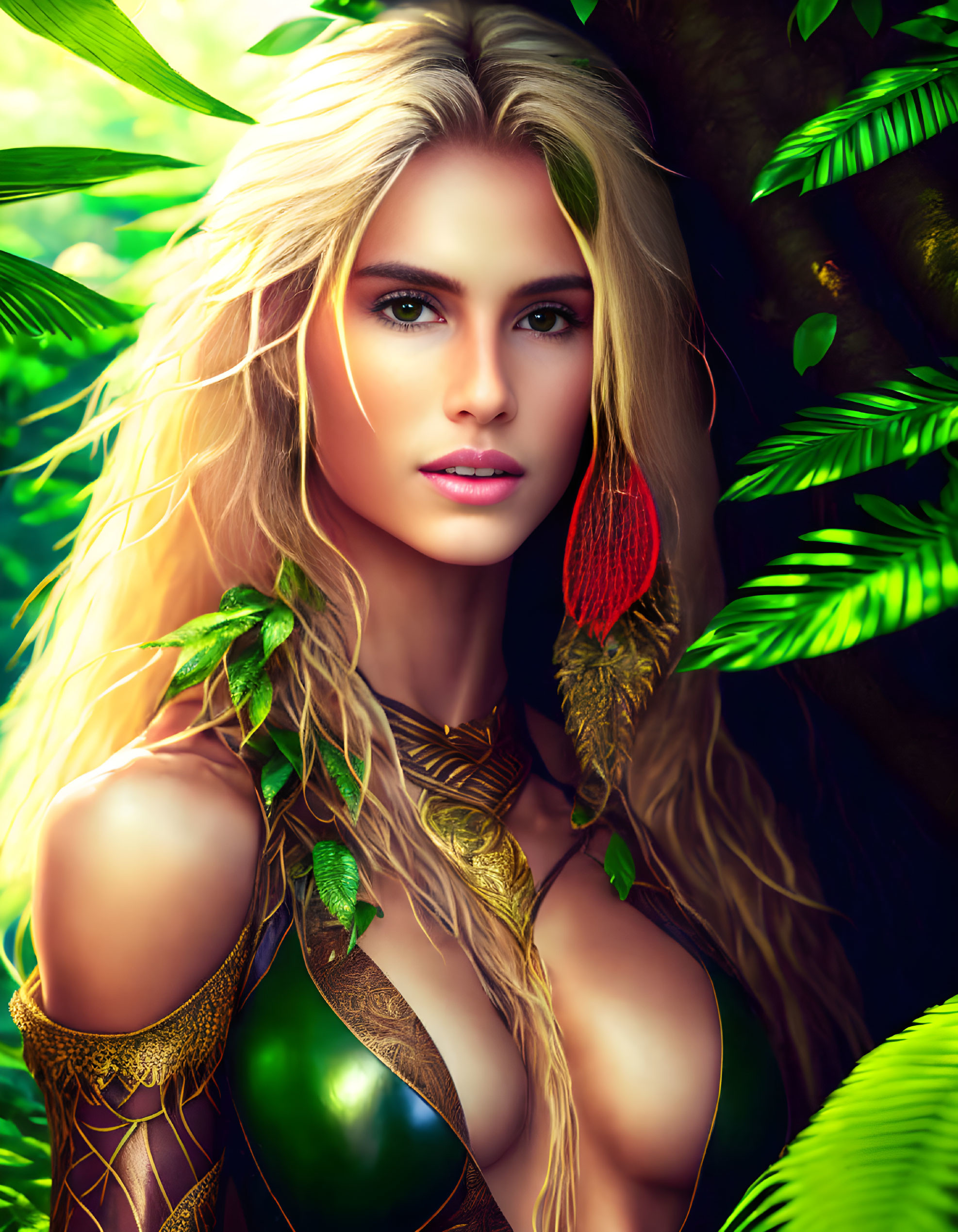 Blonde woman in green and gold attire in lush tropical forest