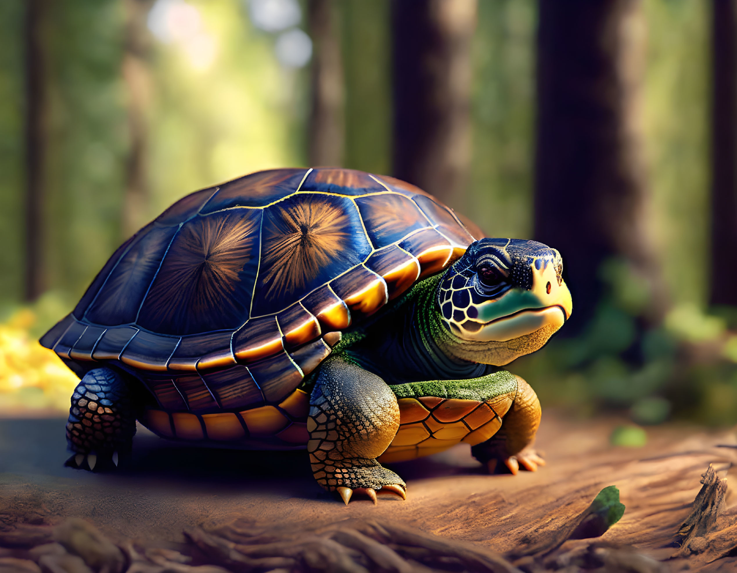 Colorful Turtle with Intricate Shell in Sunlit Forest