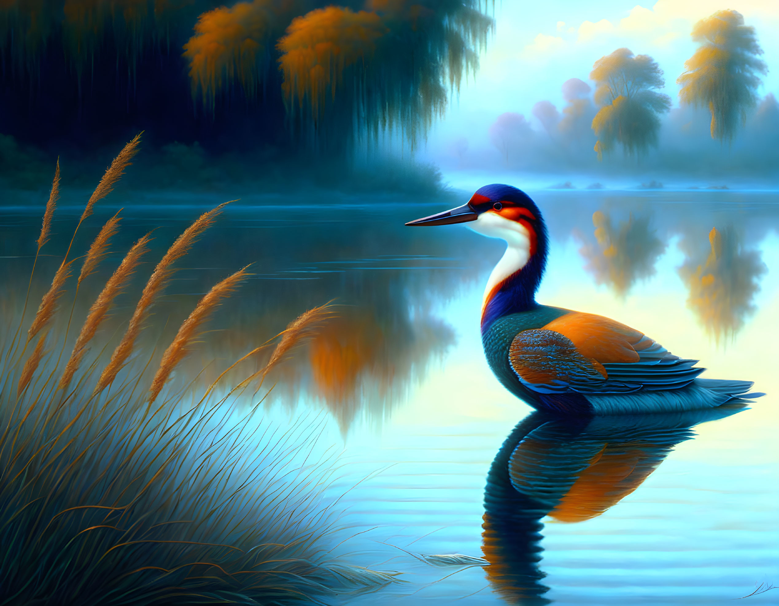 Colorful Bird on Tranquil Lake with Foliage Reflections