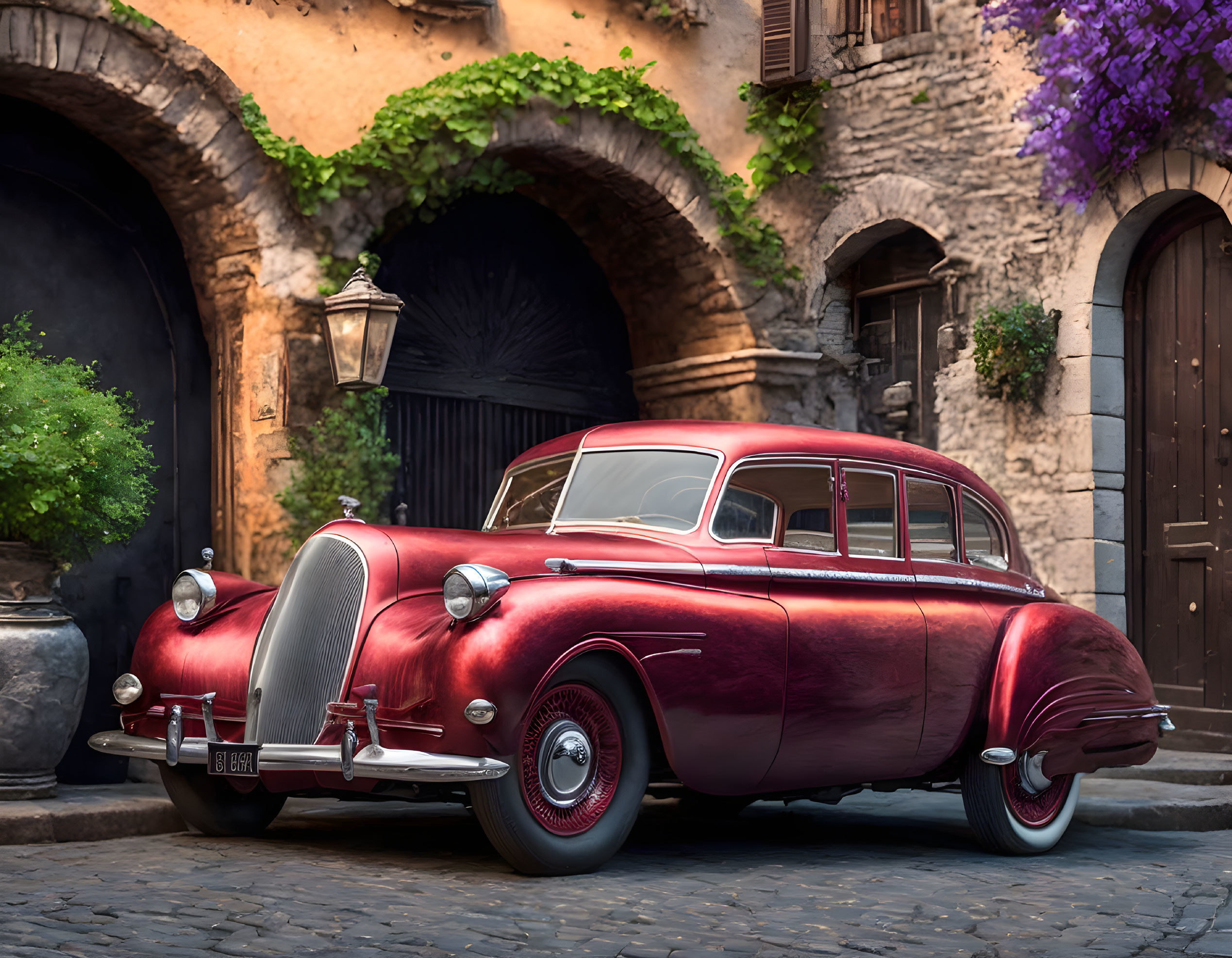 Vintage Red Car on Cobblestone Street Flanked by Stone Buildings