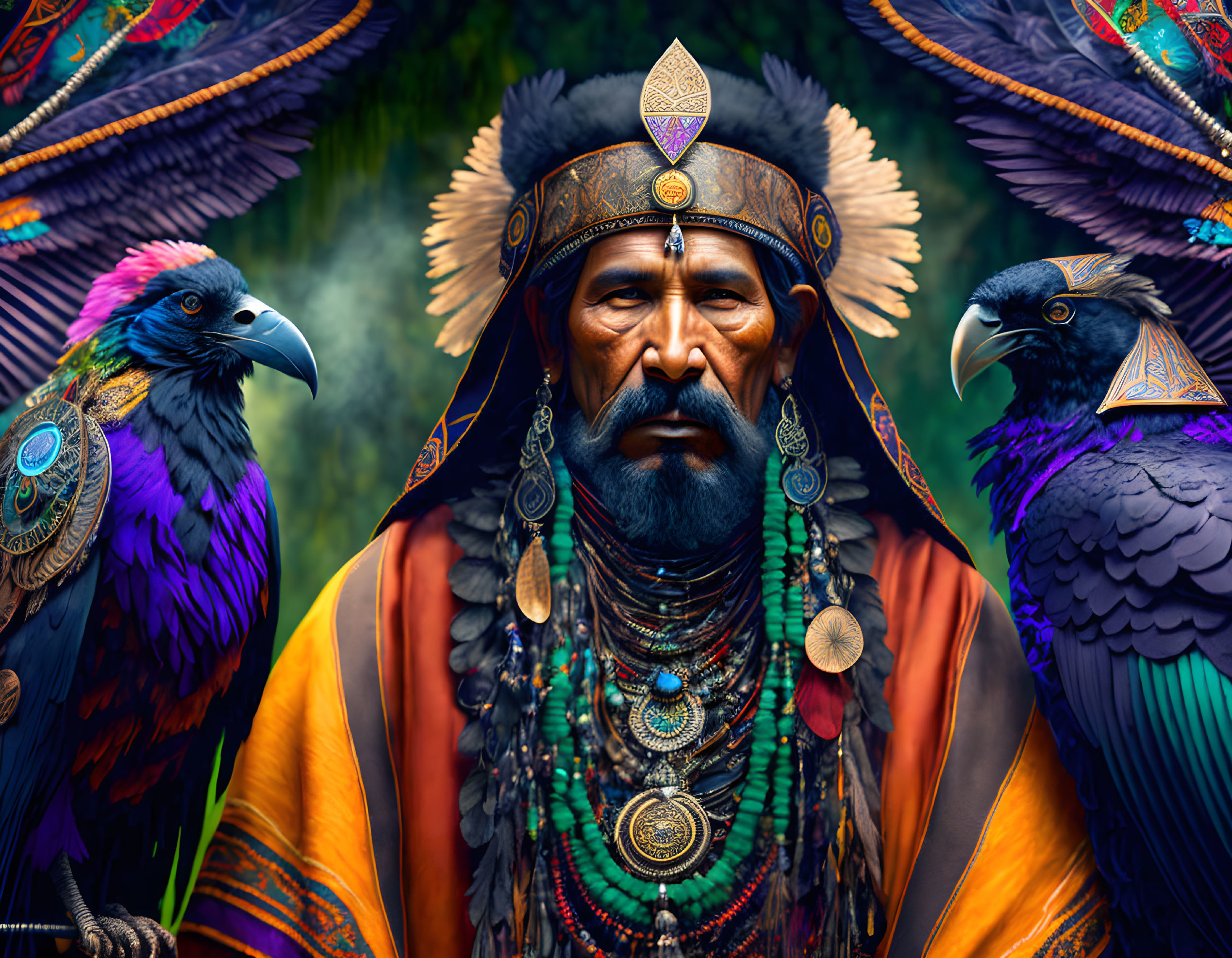 Detailed portrait of stern man with feather headdress, ornate jewelry, and ravens.