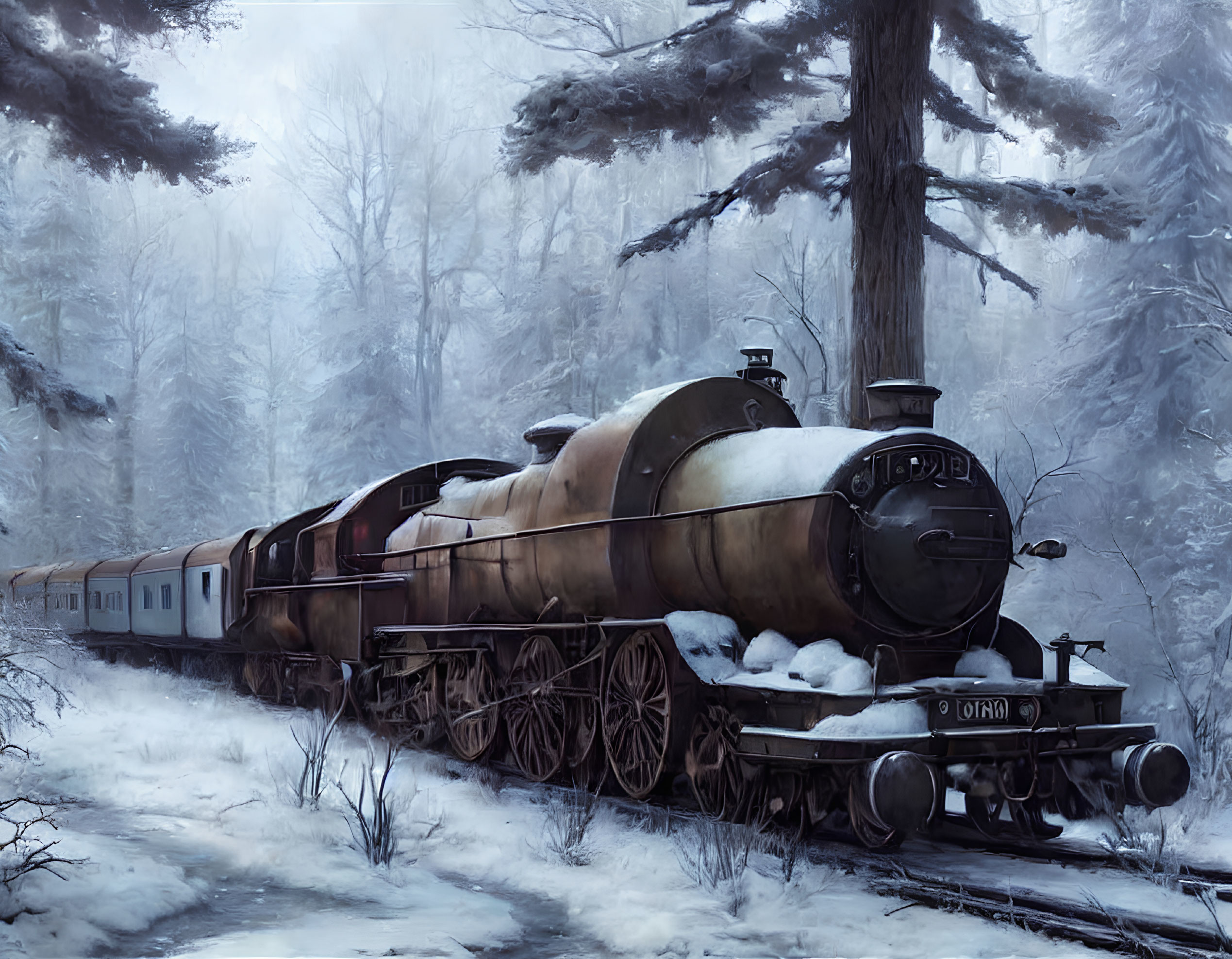 Classic steam locomotive in snowy forest with steam plumes and snow-covered trees