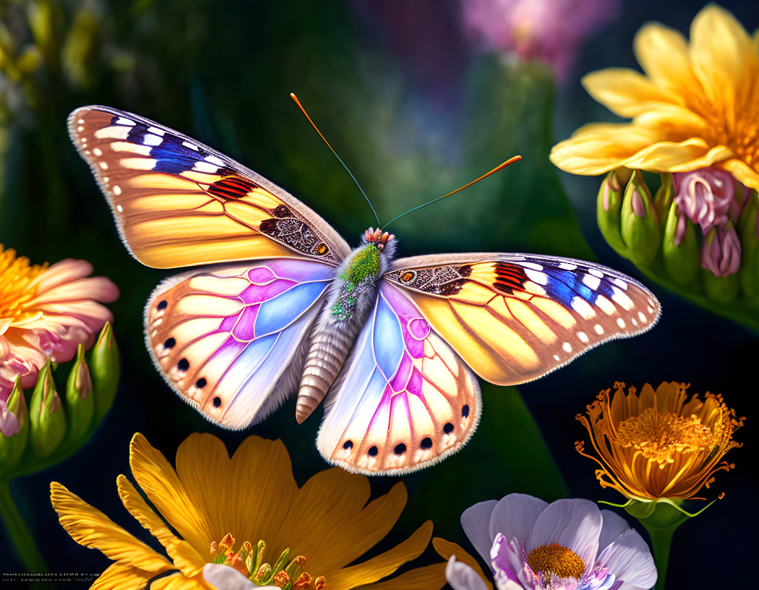 Colorful Butterfly on Yellow Flower in Bouquet with Dark Background