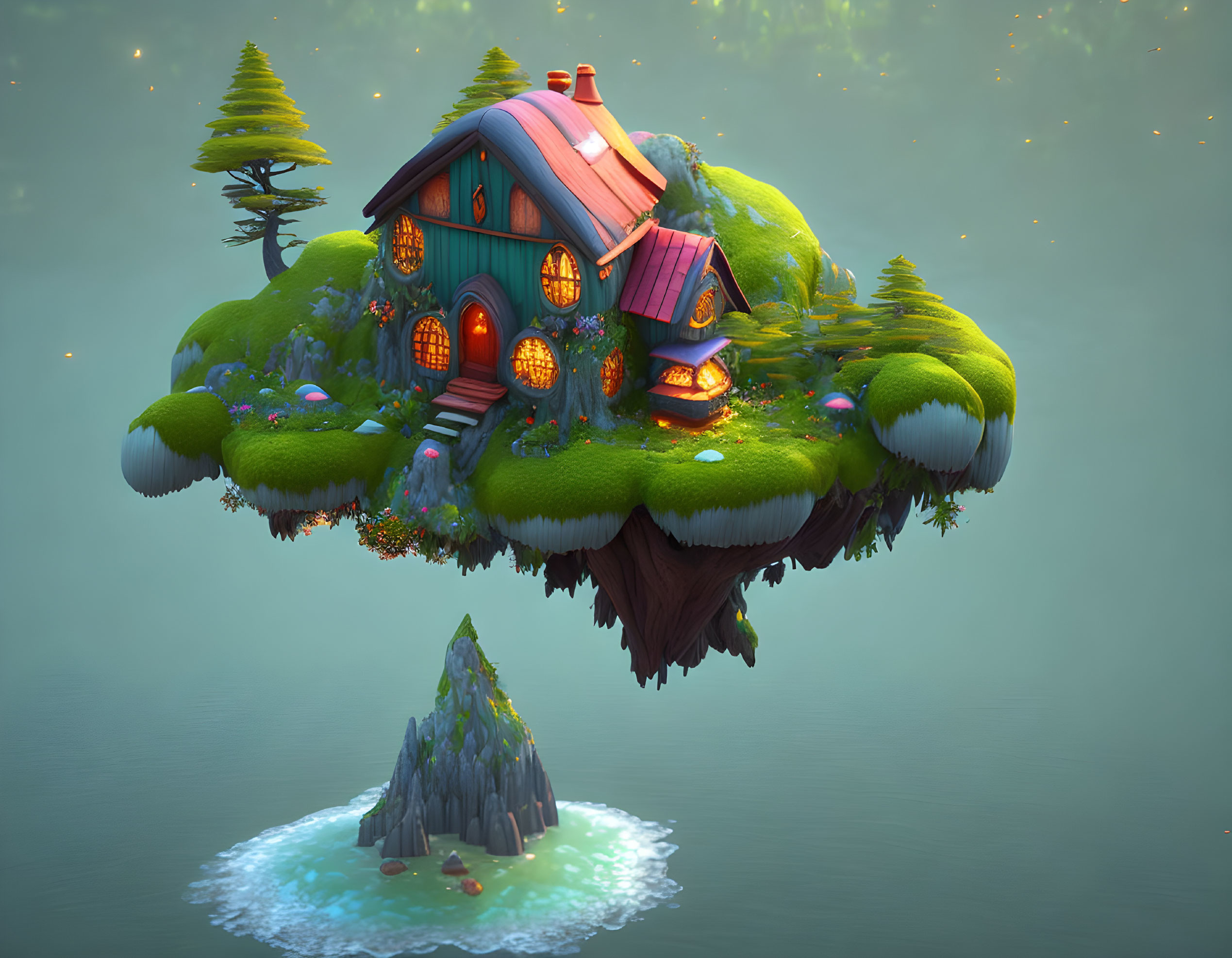 Floating island with cozy cottage, lush greenery, vibrant flowers, lone pine, rocky islet,