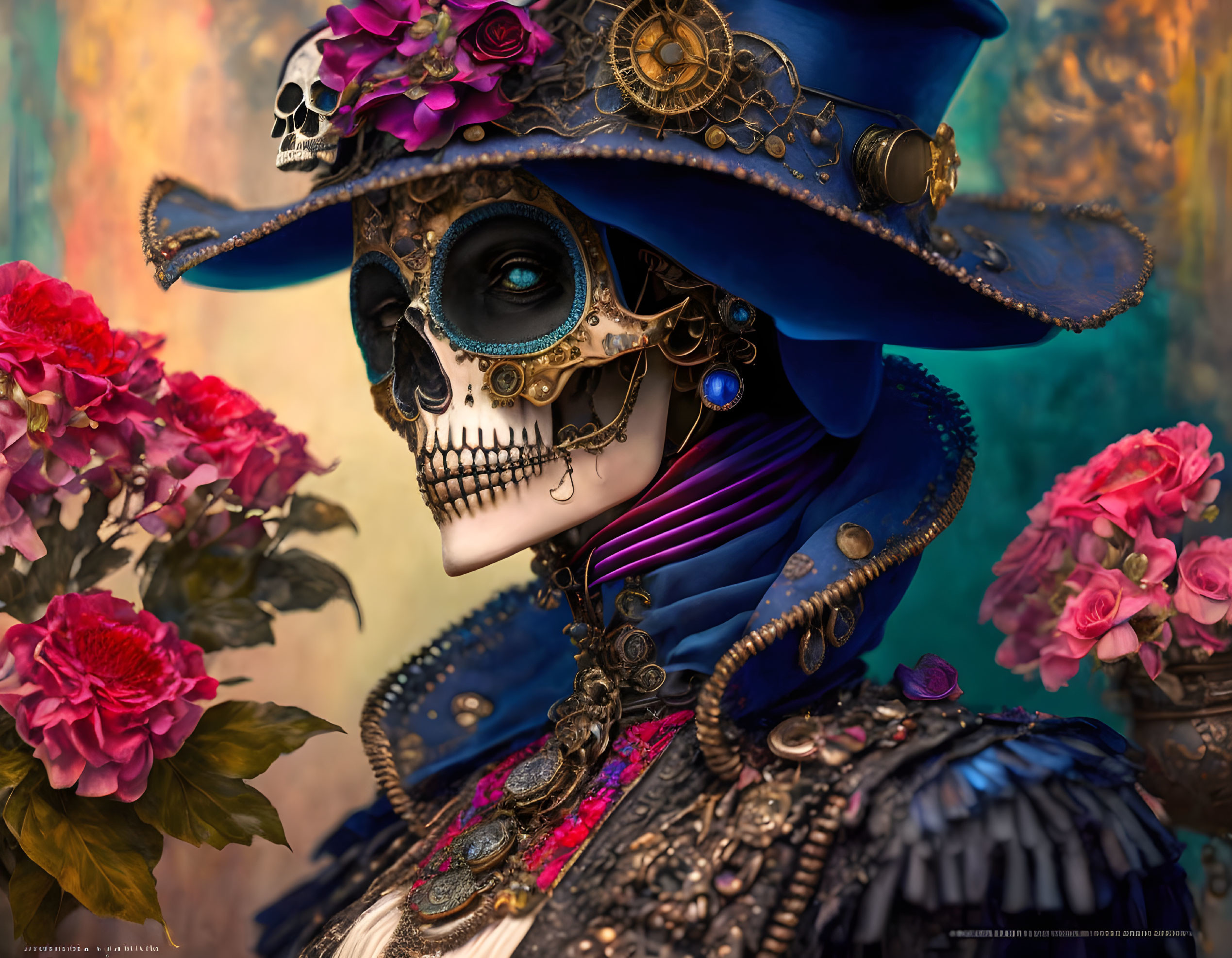 Digital artwork: Skeletal figure in blue Victorian attire on vibrant background