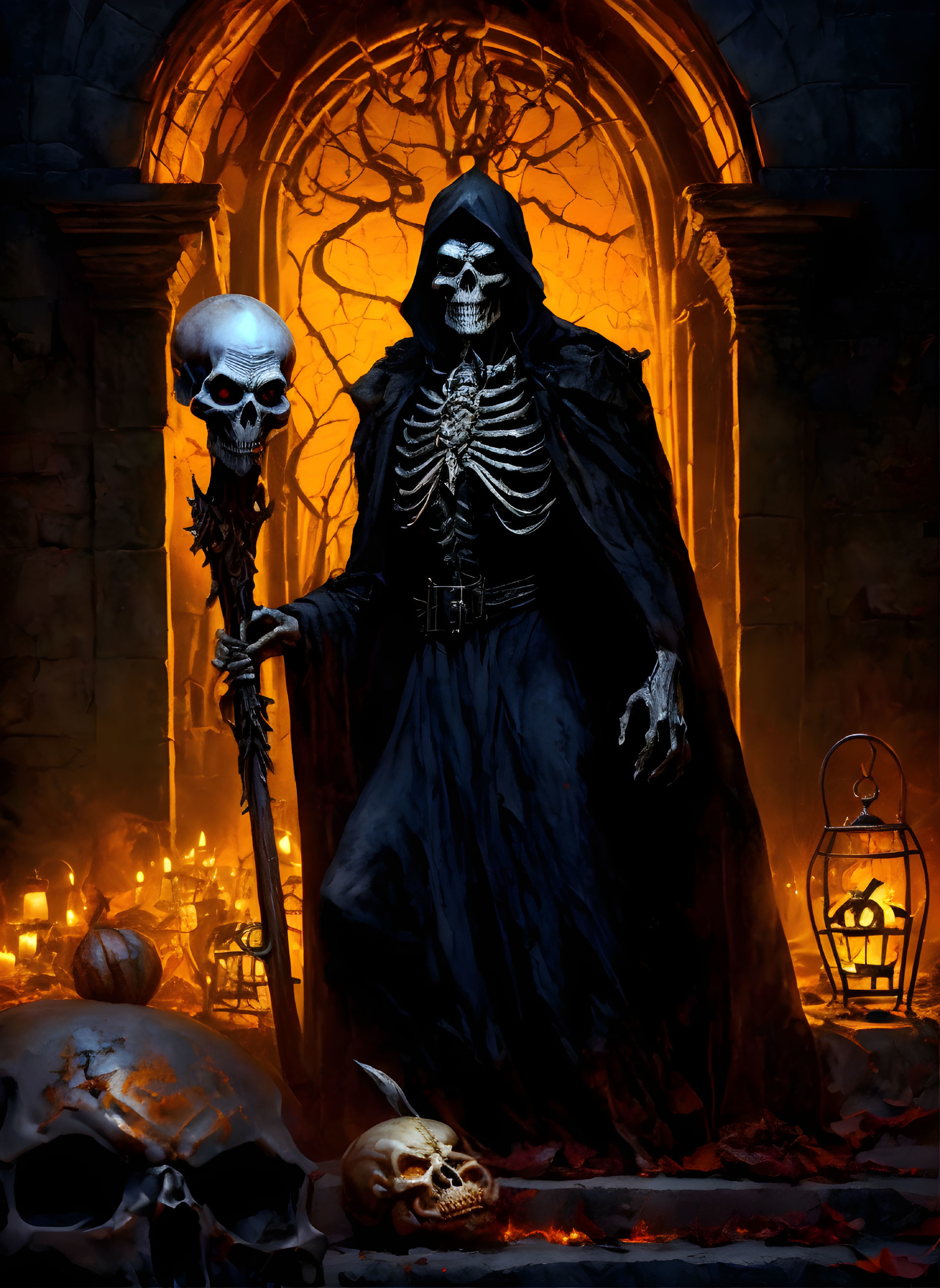 Gothic chamber with grim reaper, skulls, pumpkins, and candlelight