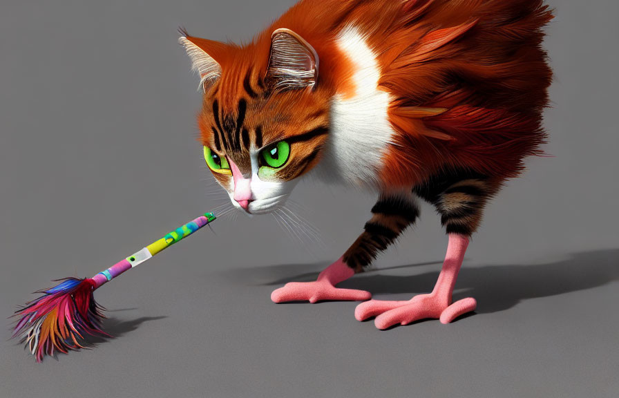 Digital Art: Orange and White Cat with Green Eyes Playing with Feather Toy