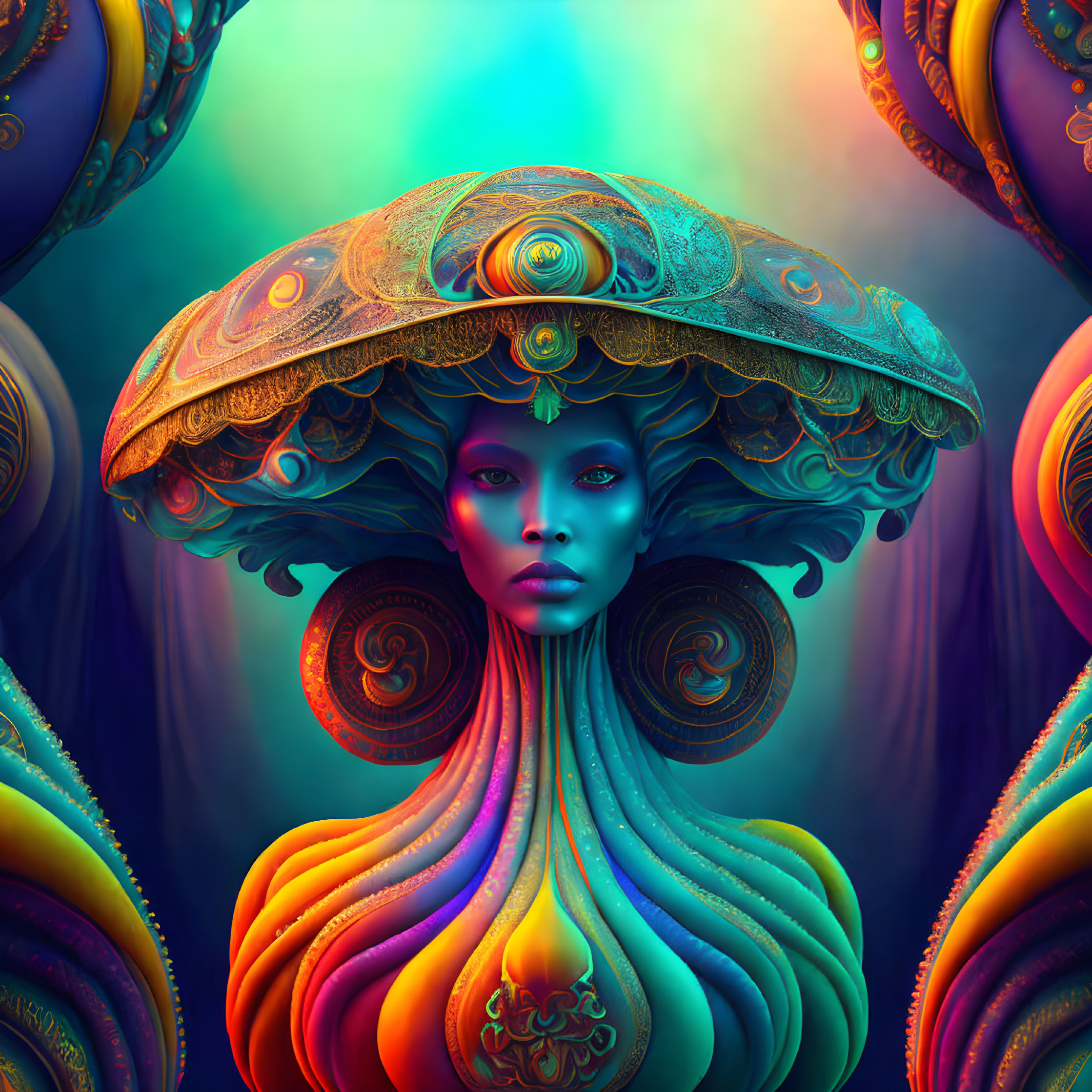 Vibrant surreal portrait with figure and mushroom cap head