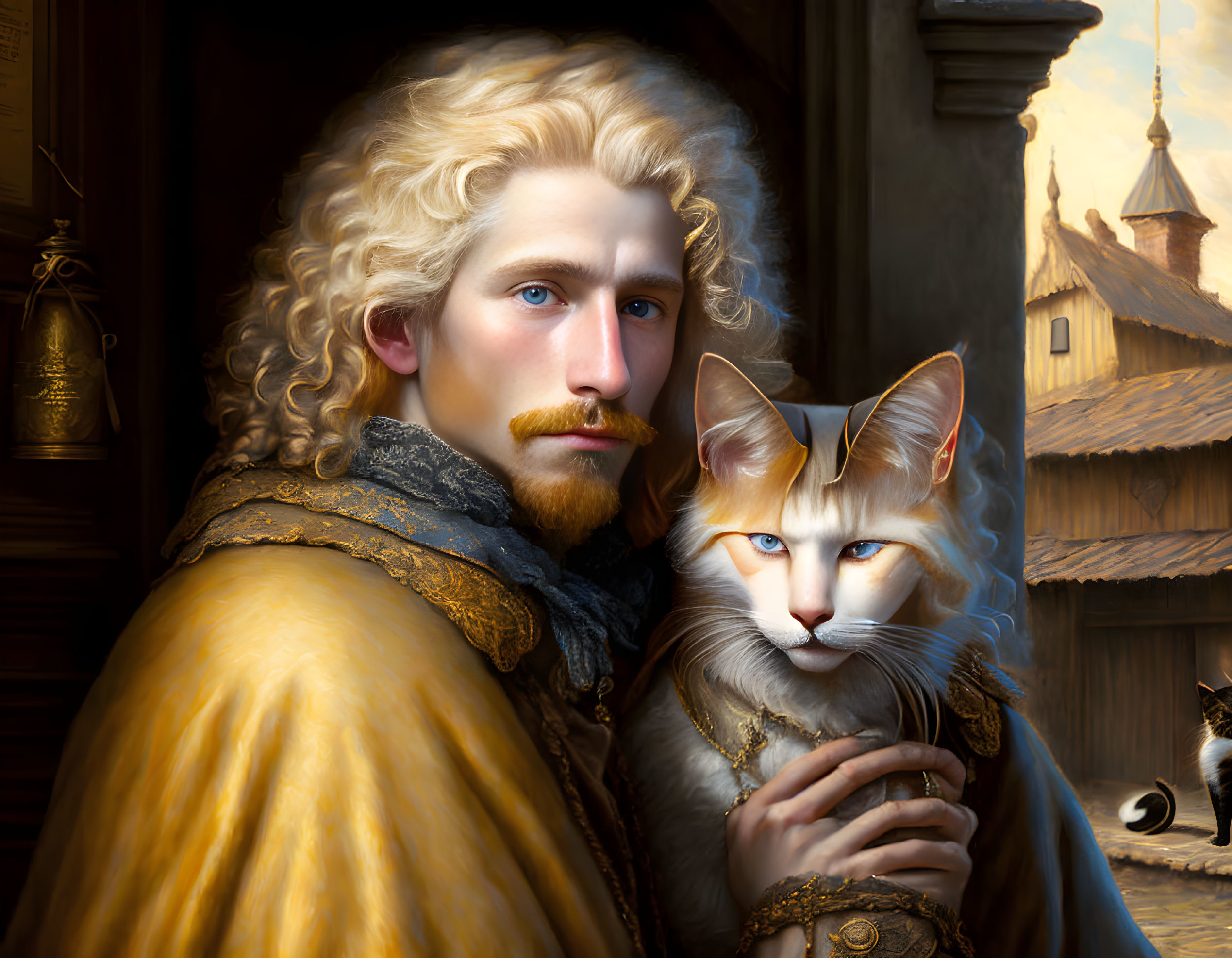 Curly Blond Man in Regal Outfit Holding Matching Cat in Medieval Village