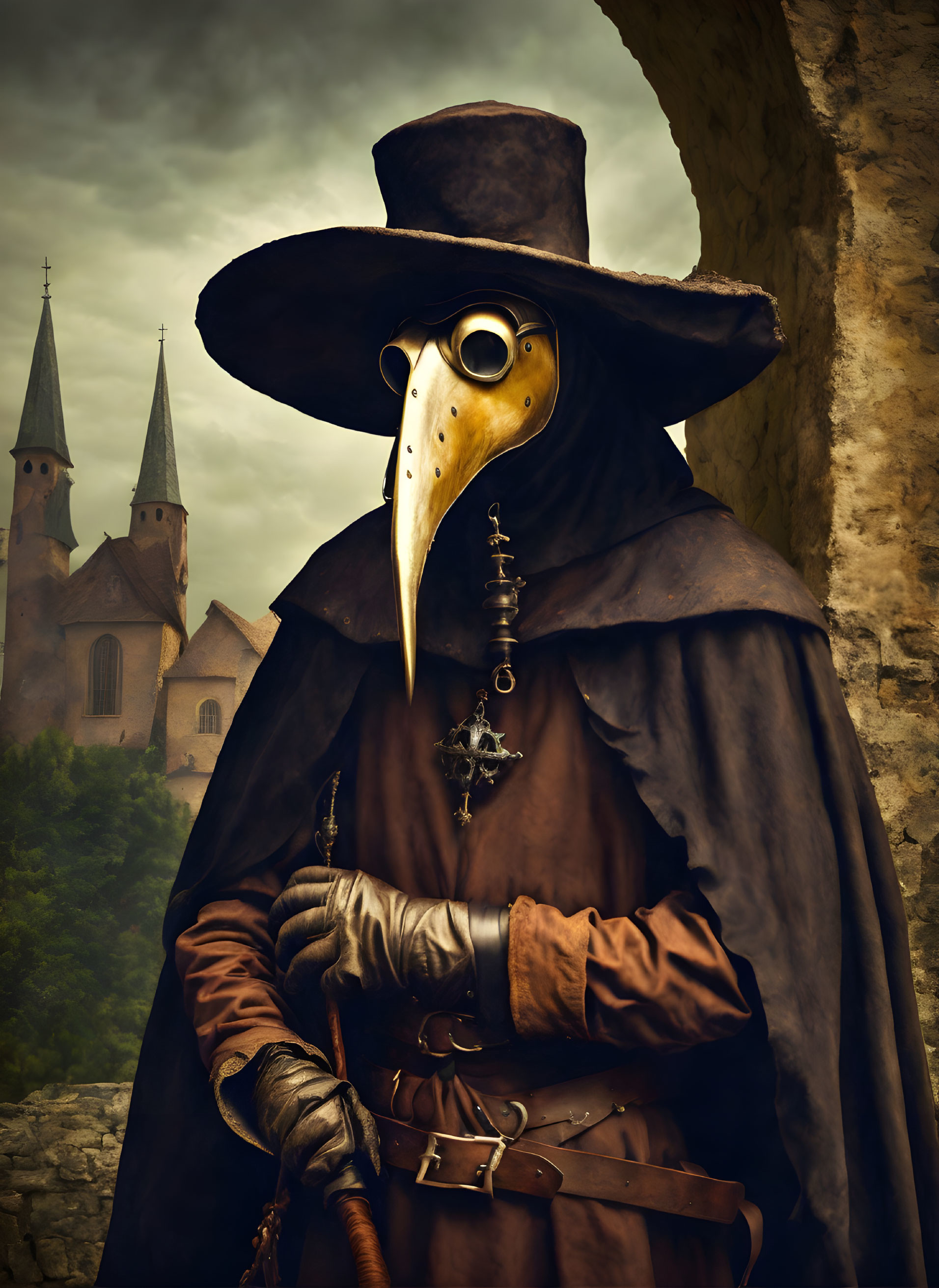 Plague doctor in beaked mask and cloak with cane by medieval church spires