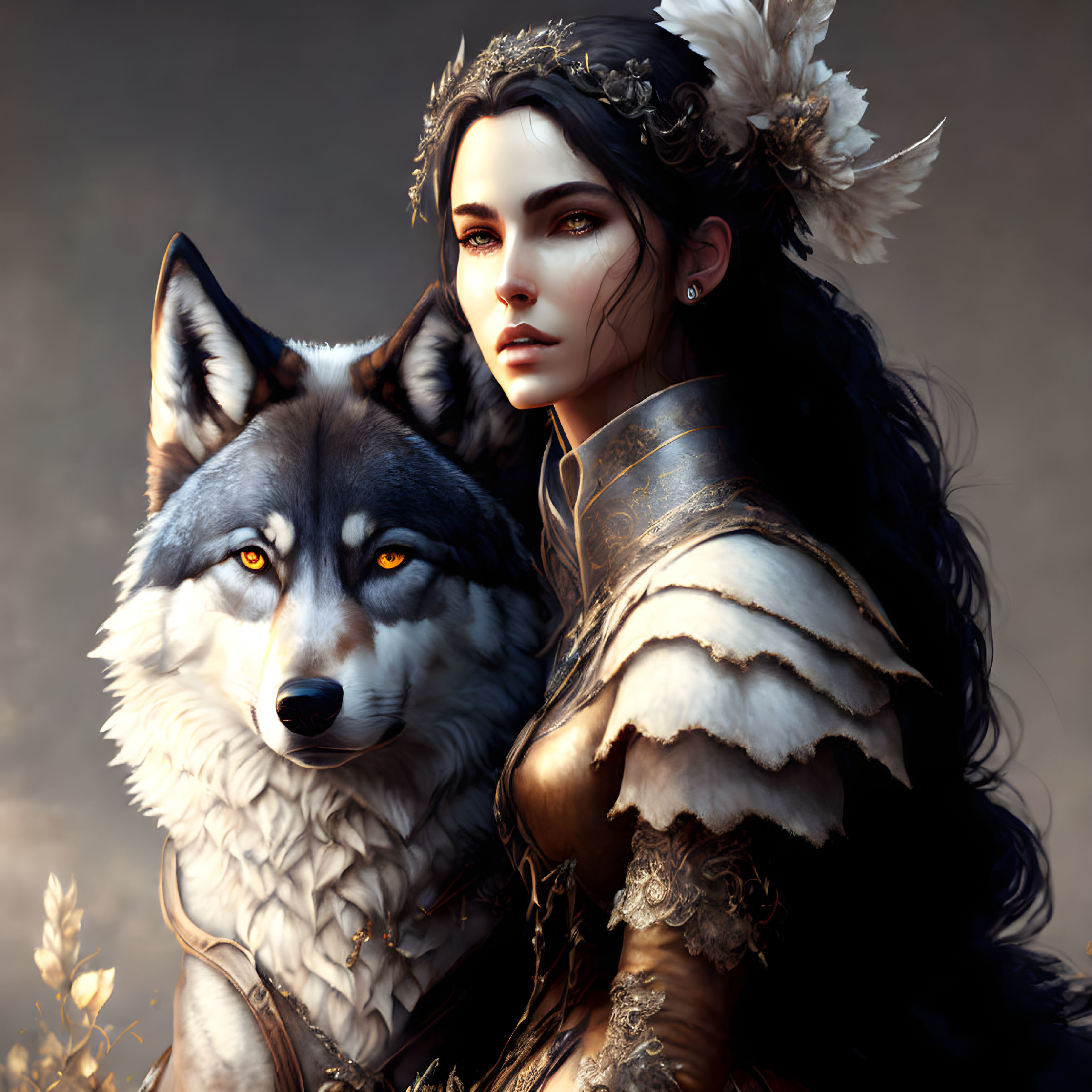 Dark-haired woman and realistic wolf in fantasy attire in warm, softly lit scene