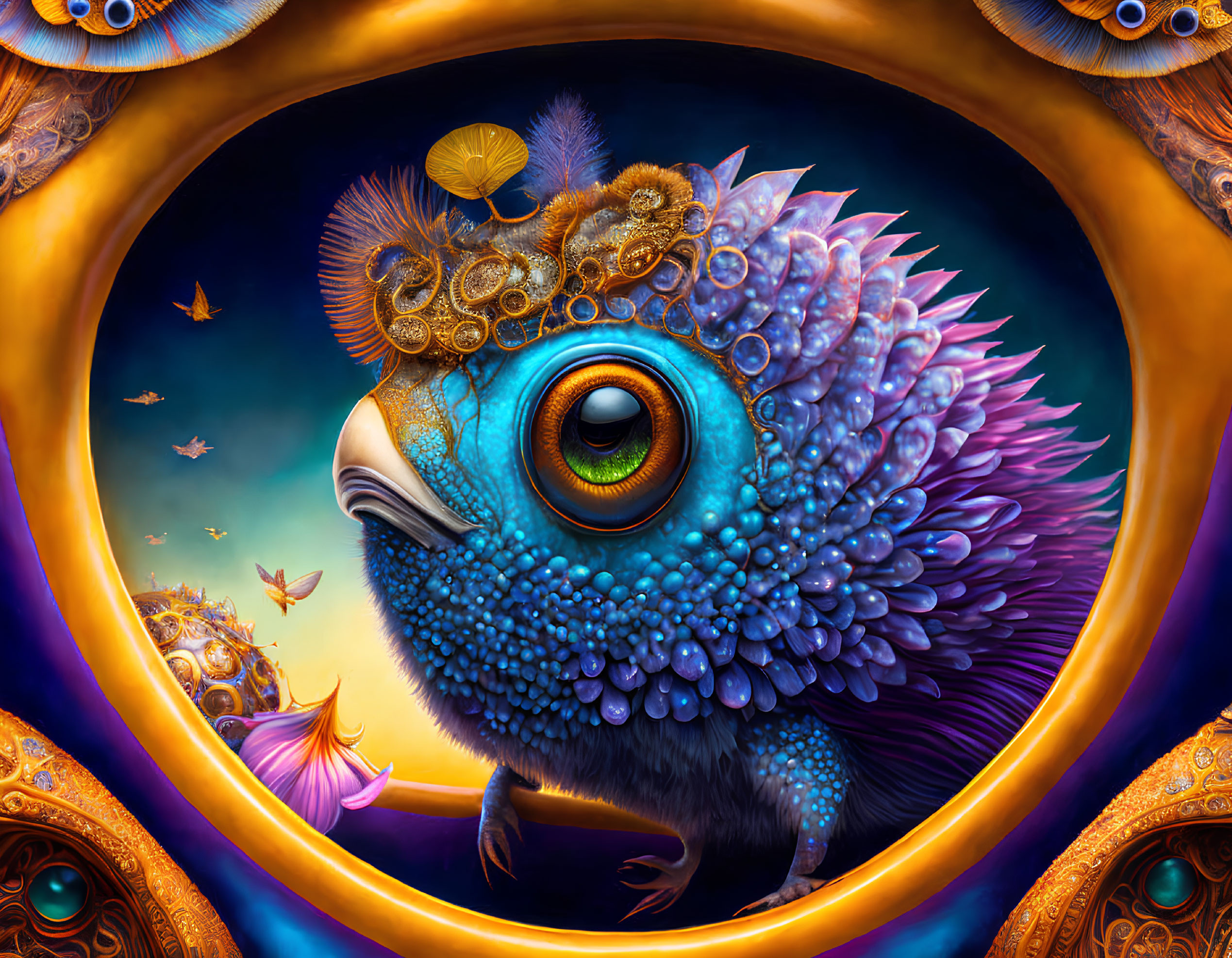 Colorful fantasy illustration of whimsical creature with oversized eye, golden gears, and purple feathers on orn