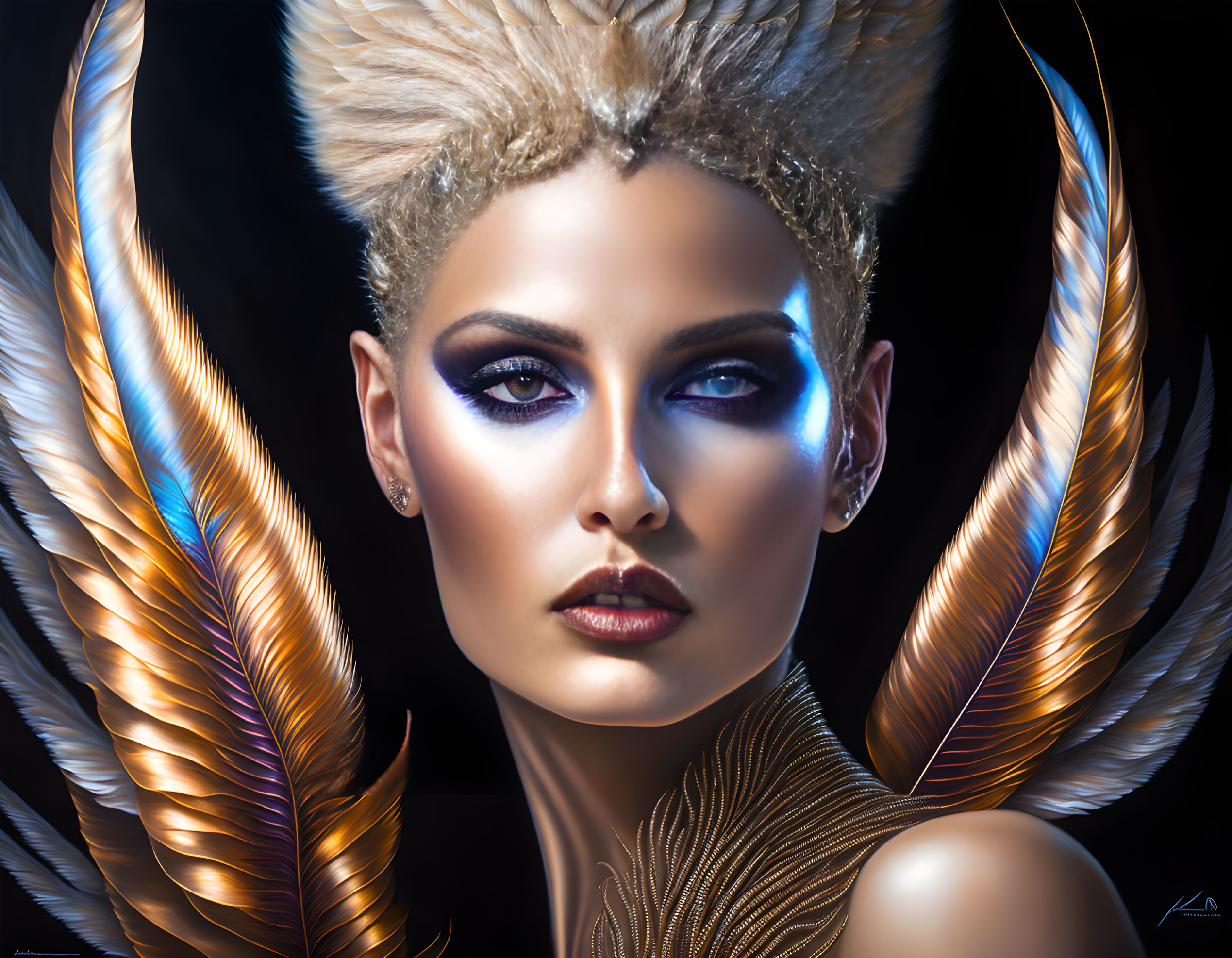 Portrait of a person with golden feathered wings and dramatic makeup