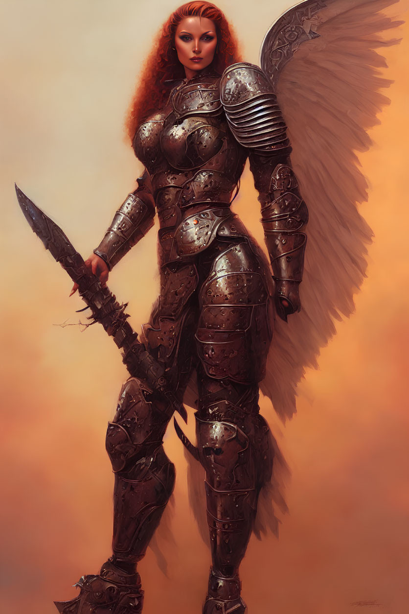 Red-Haired Female Warrior in Full-Body Armor with Spear and Metallic Wing