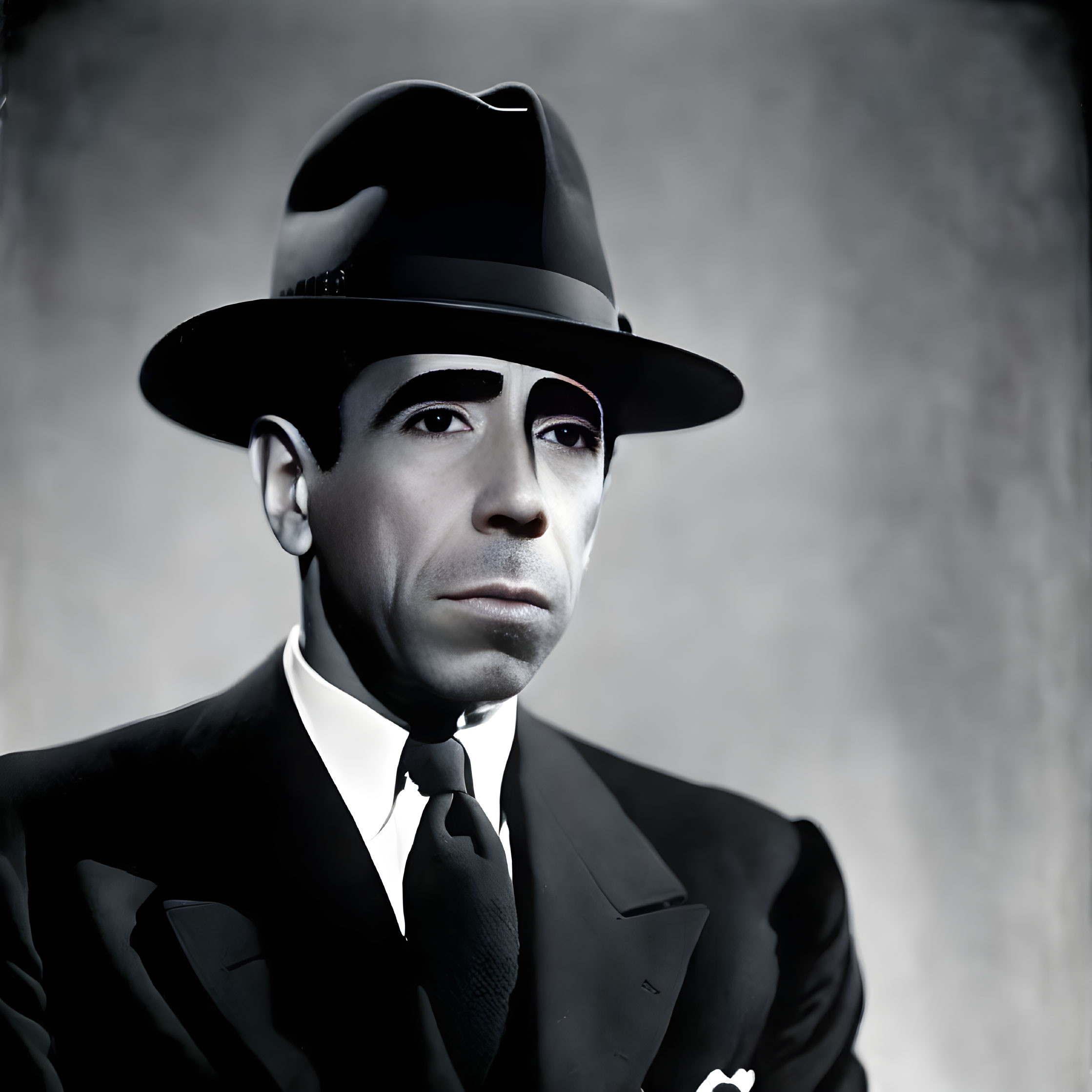 Serious man in black suit and fedora hat on grey background