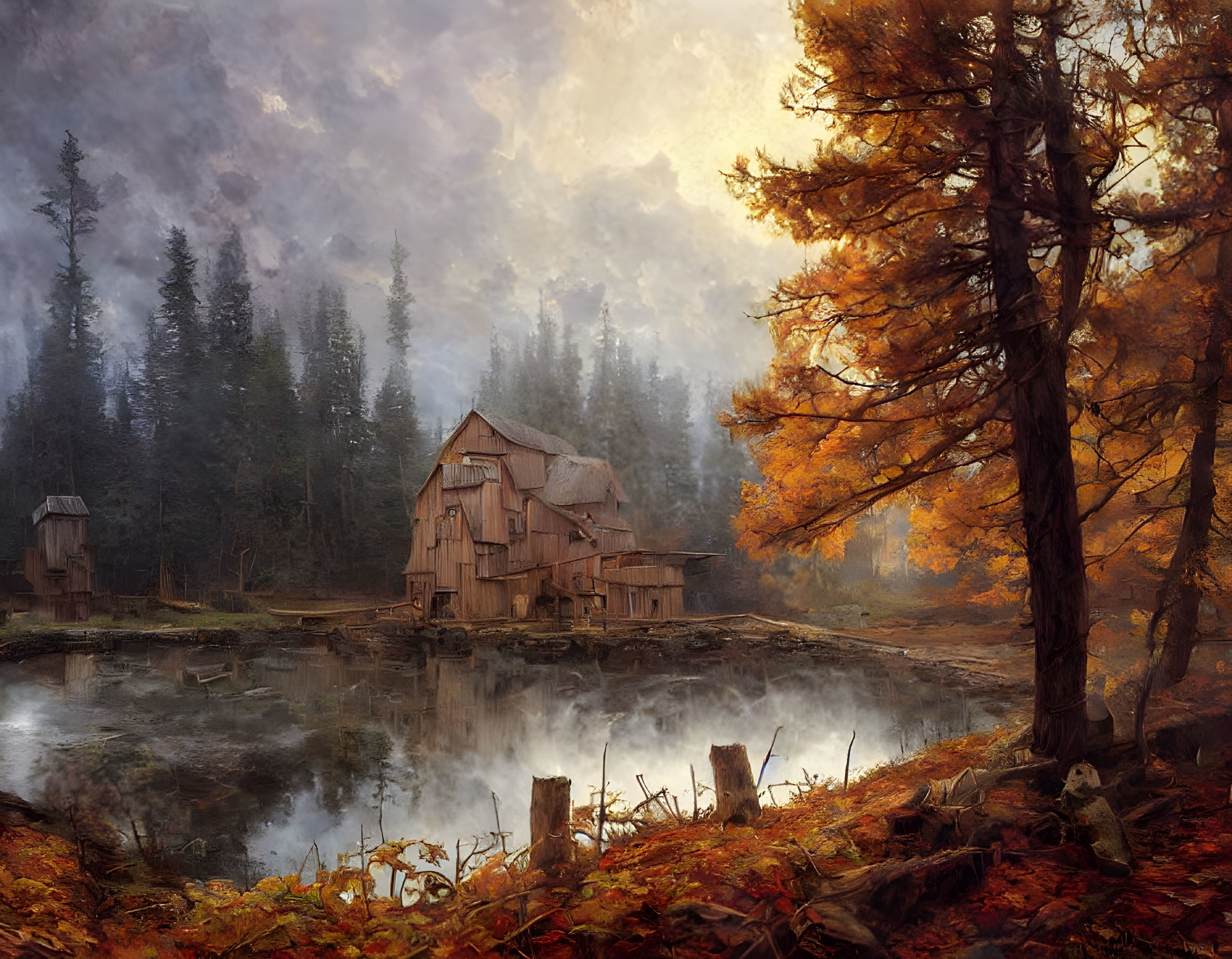 Tranquil autumn landscape with rustic mill beside serene pond