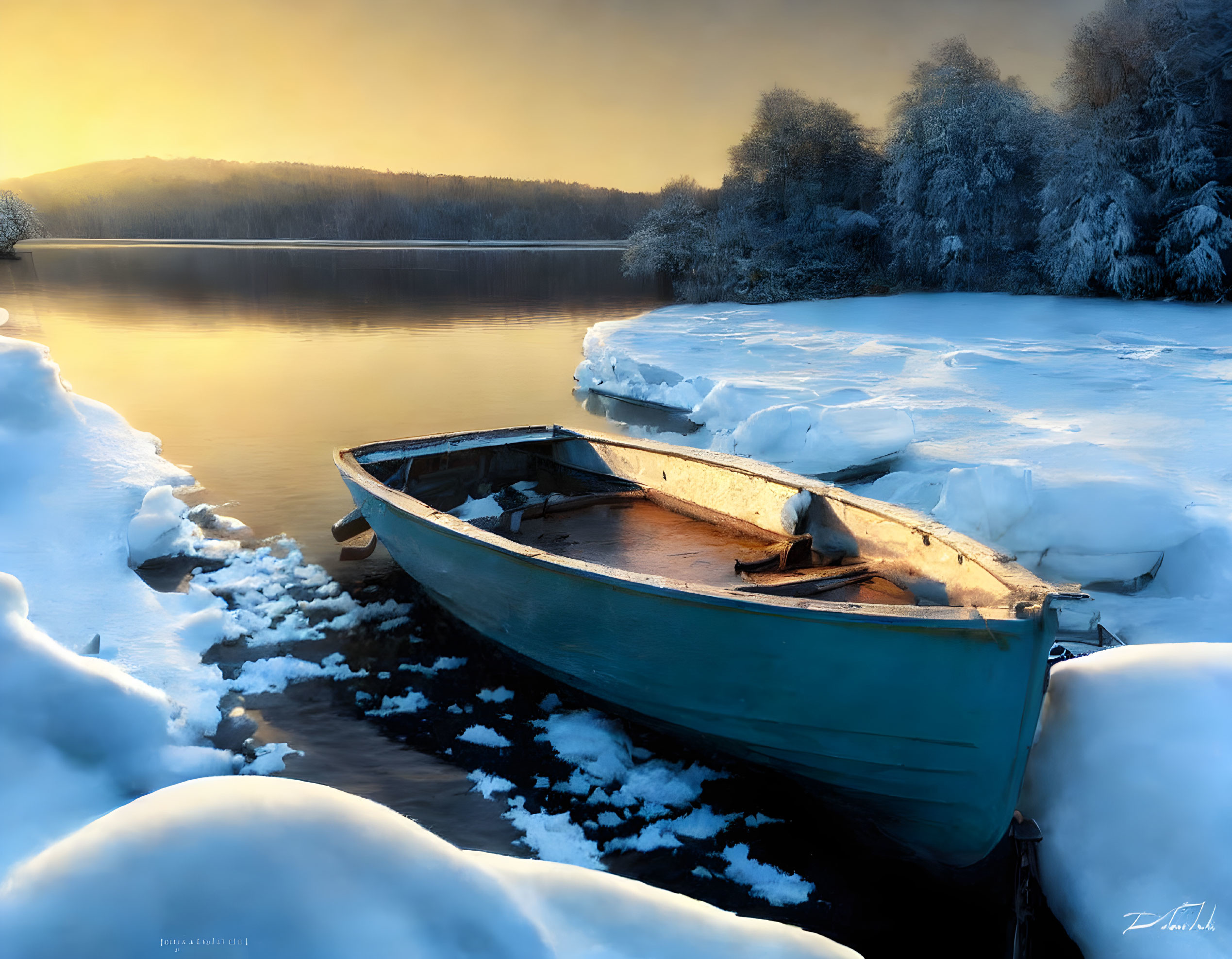 Snow-covered boat on calm lake shore in serene winter scene