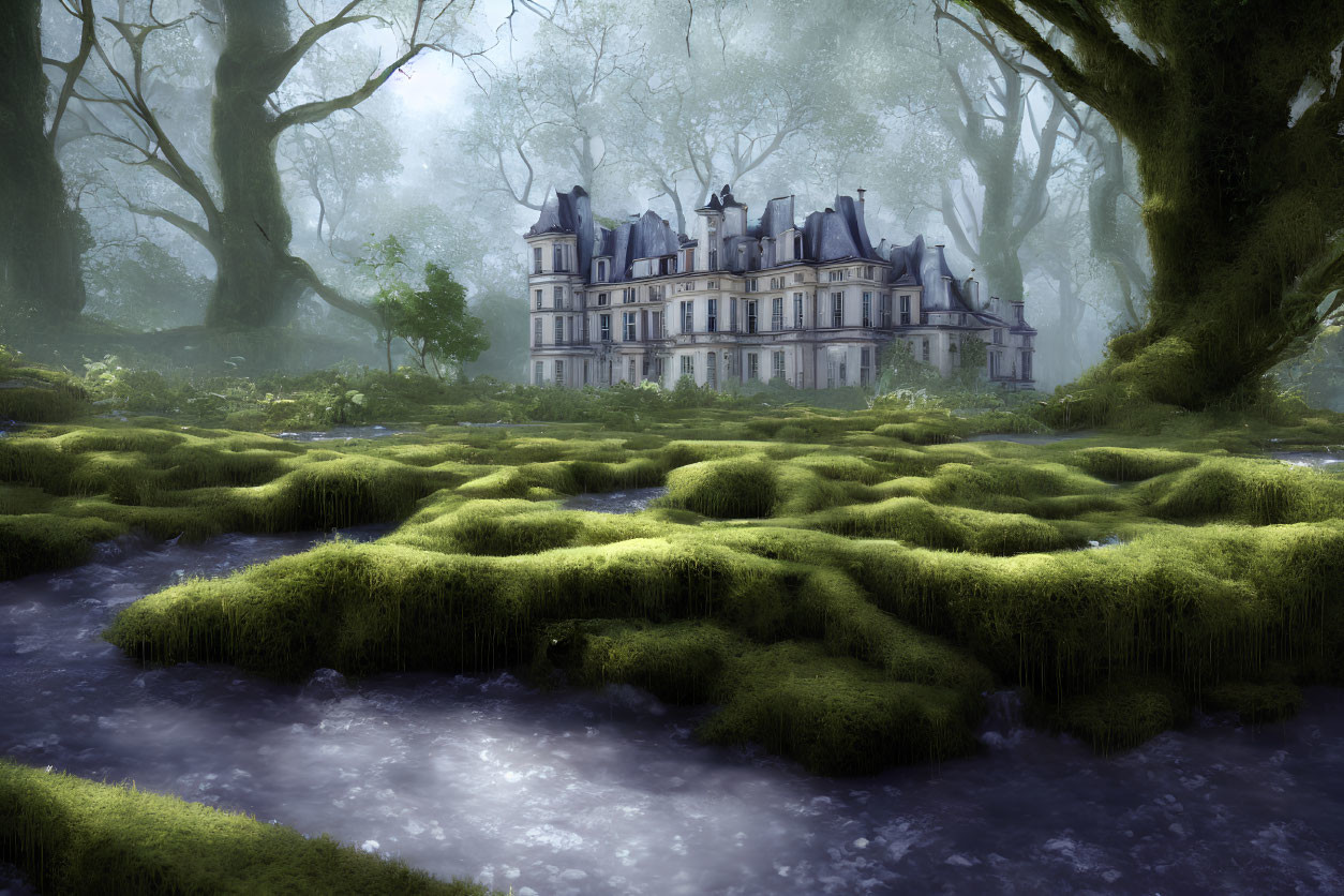 Enchanting forest scene with misty chateau and stream