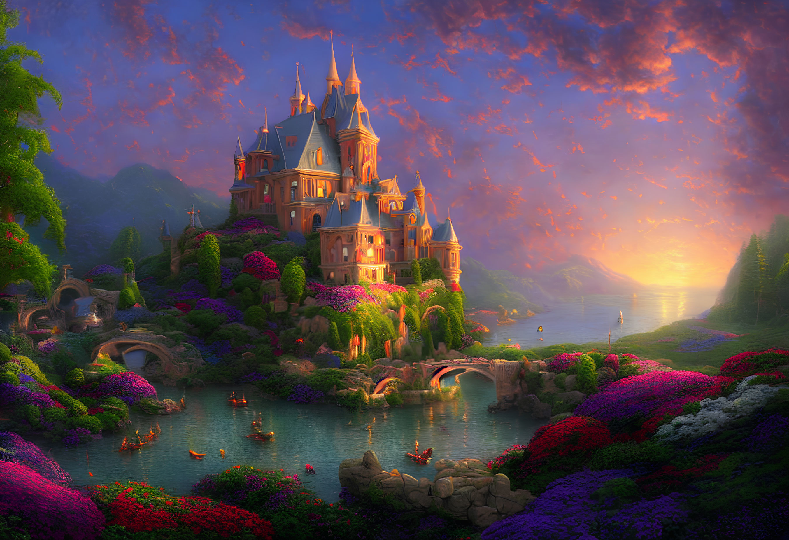 Fantasy castle in vibrant garden by serene lake at sunset