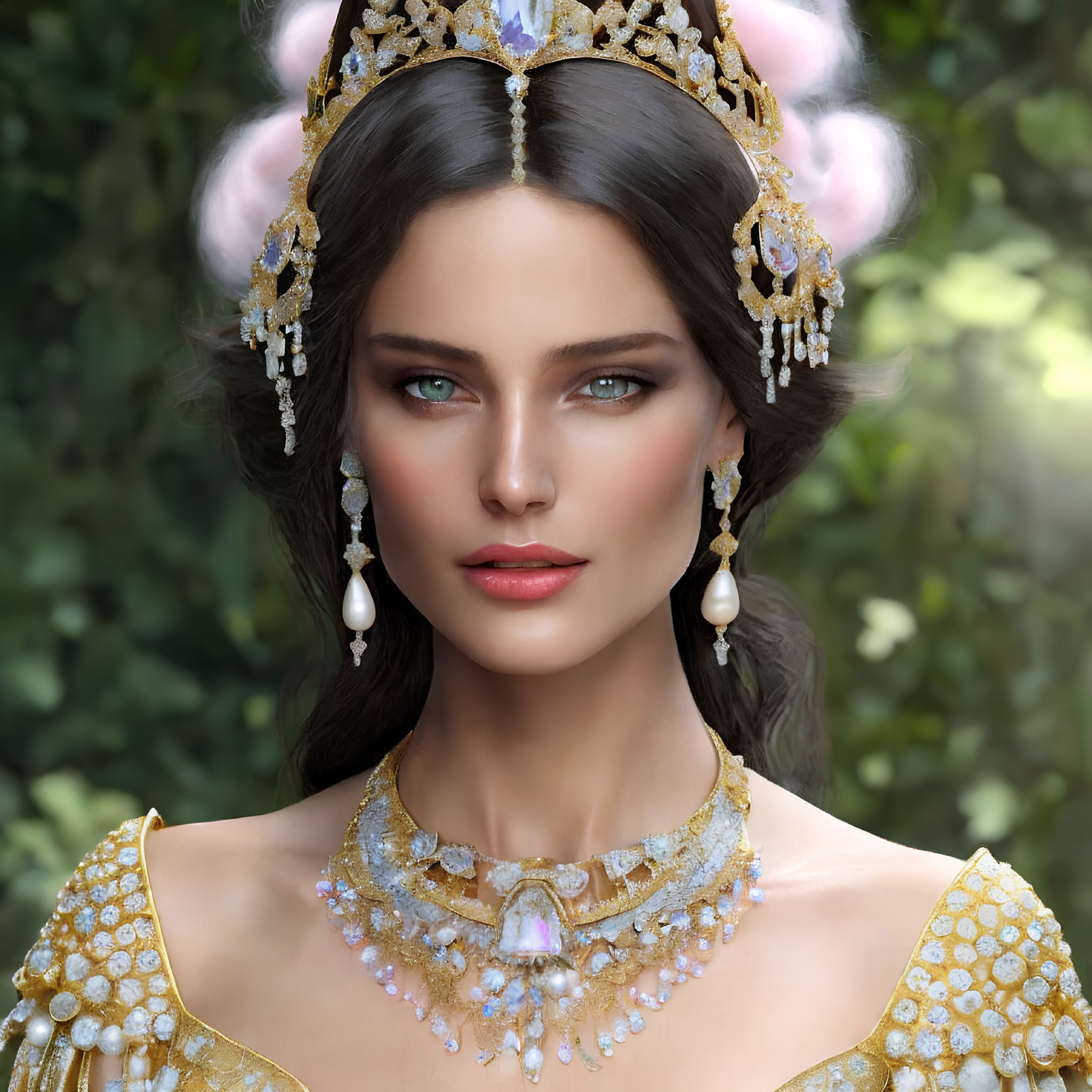 Portrait of Woman with Striking Green Eyes and Golden Crown Jewelry