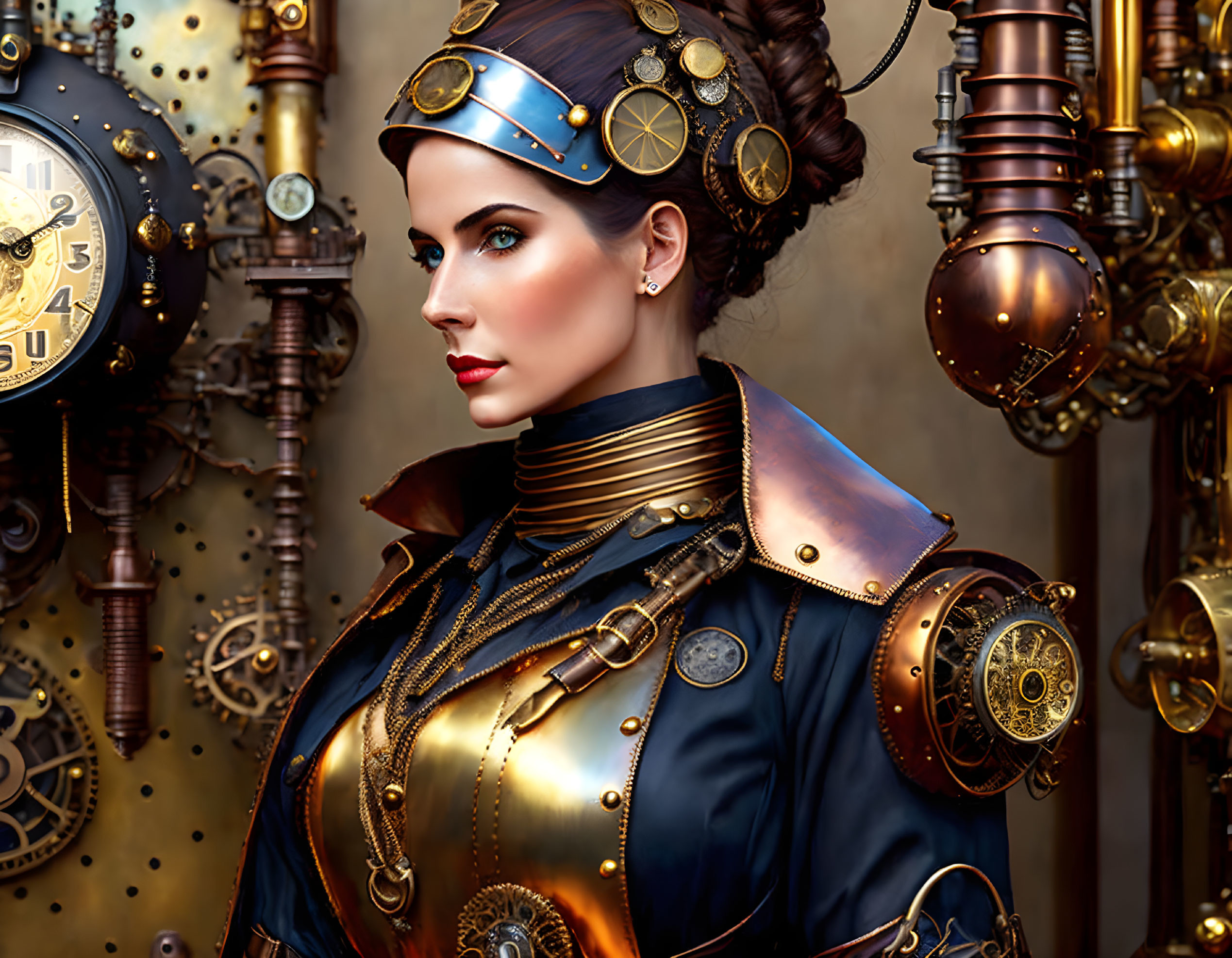 Steampunk woman in leather jacket surrounded by mechanical clocks