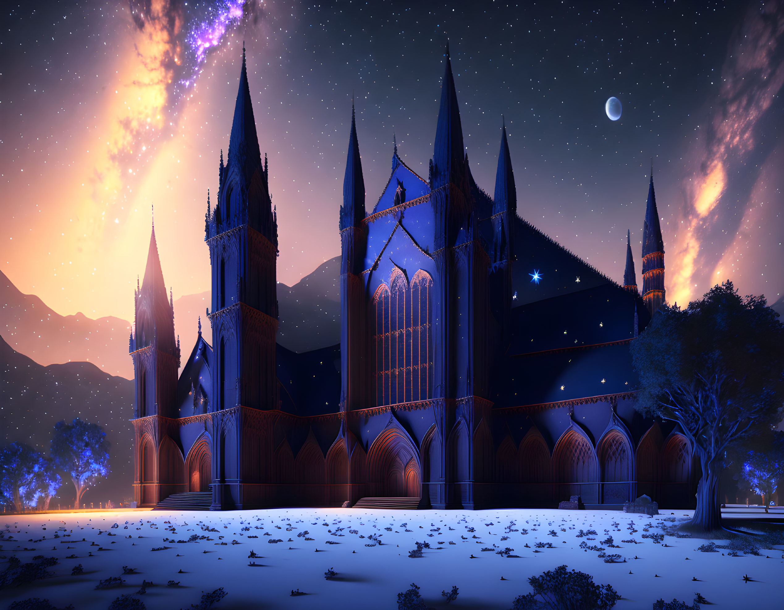 Gothic cathedral under starry night sky with galaxy, surrounded by snow-covered landscape