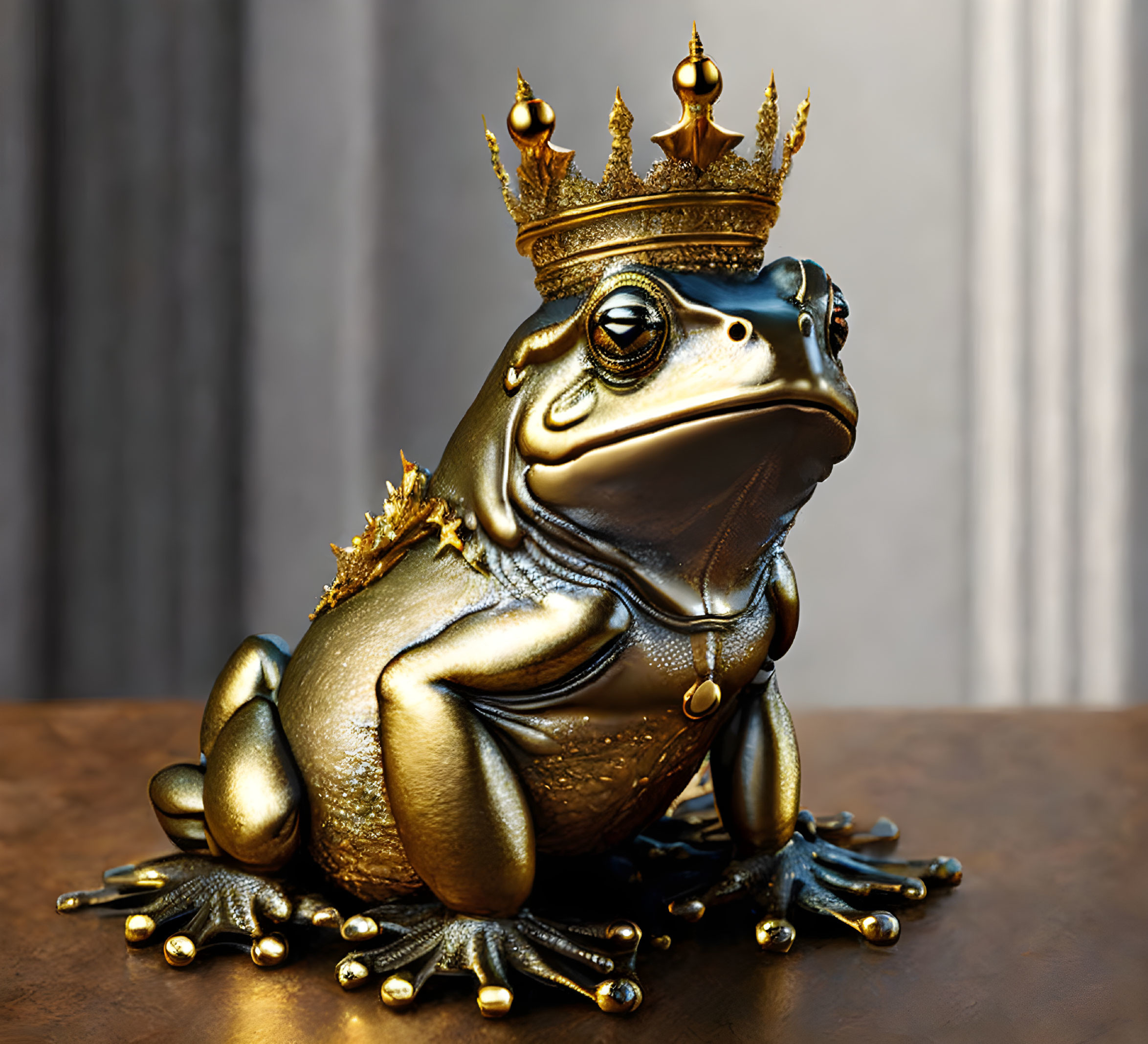 Golden frog figurine with crown on blurred background