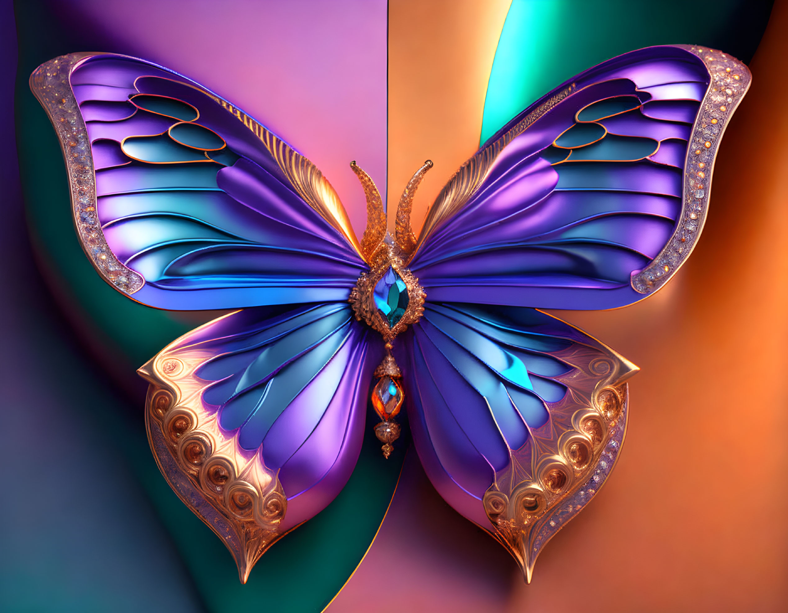 Colorful digital artwork: stylized butterfly with blue iridescent wings and gold accents.