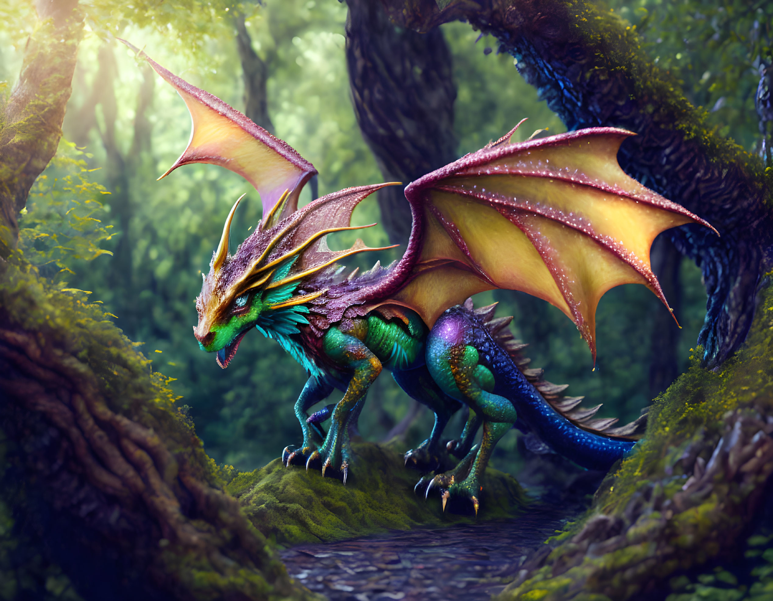 Majestic dragon with iridescent scales in mystical forest scene