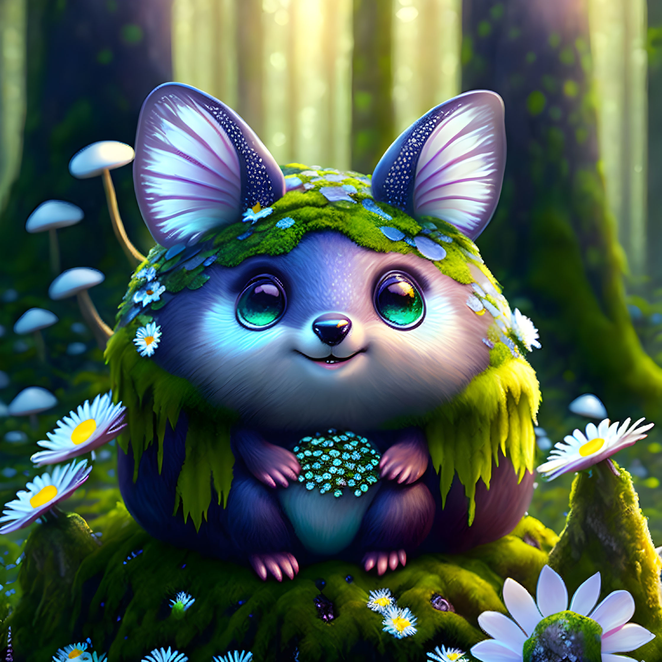 Animated creature in enchanted forest with mushrooms and daisies