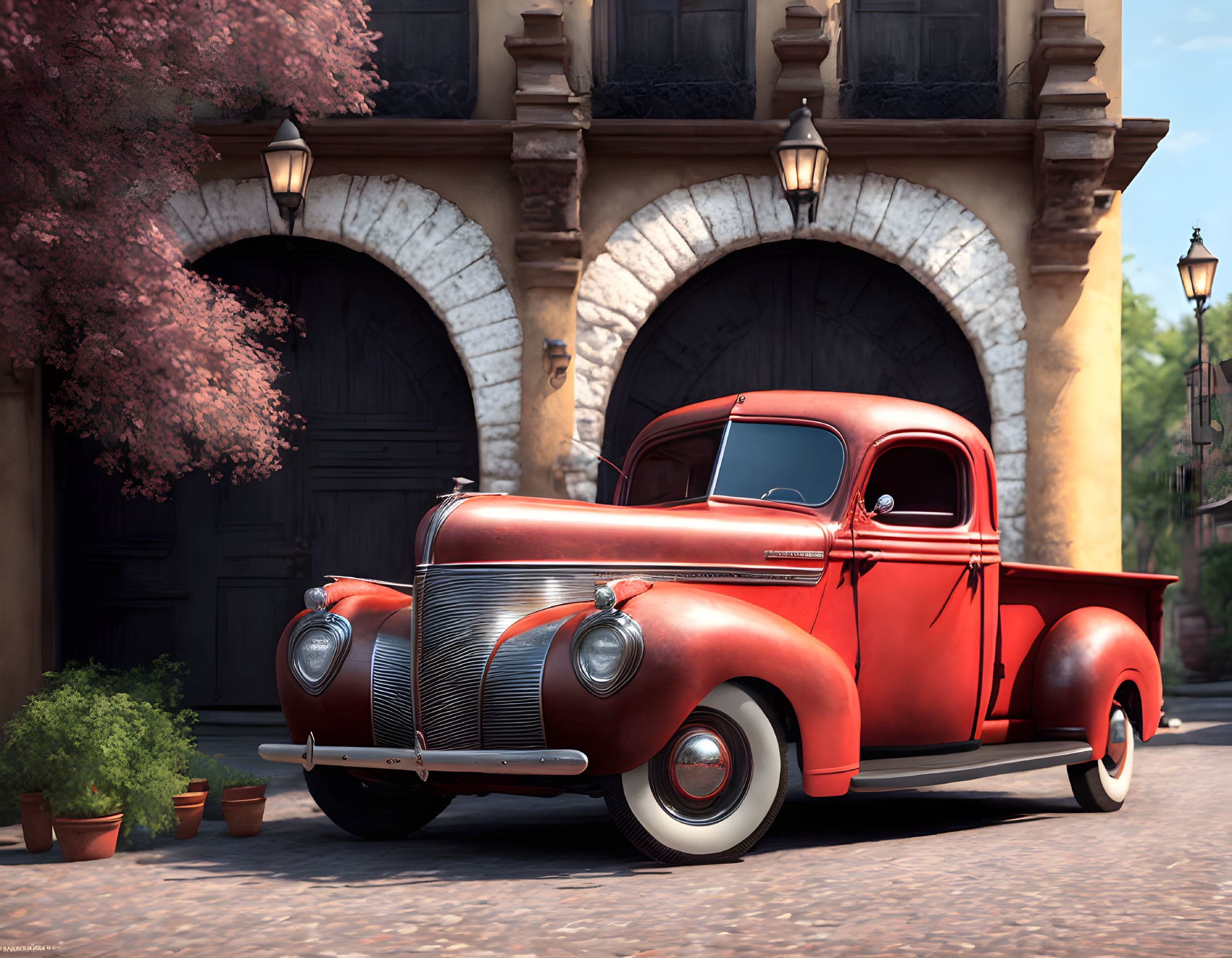 Vintage Red Pickup Truck on Cobblestone Street with Blooming Trees