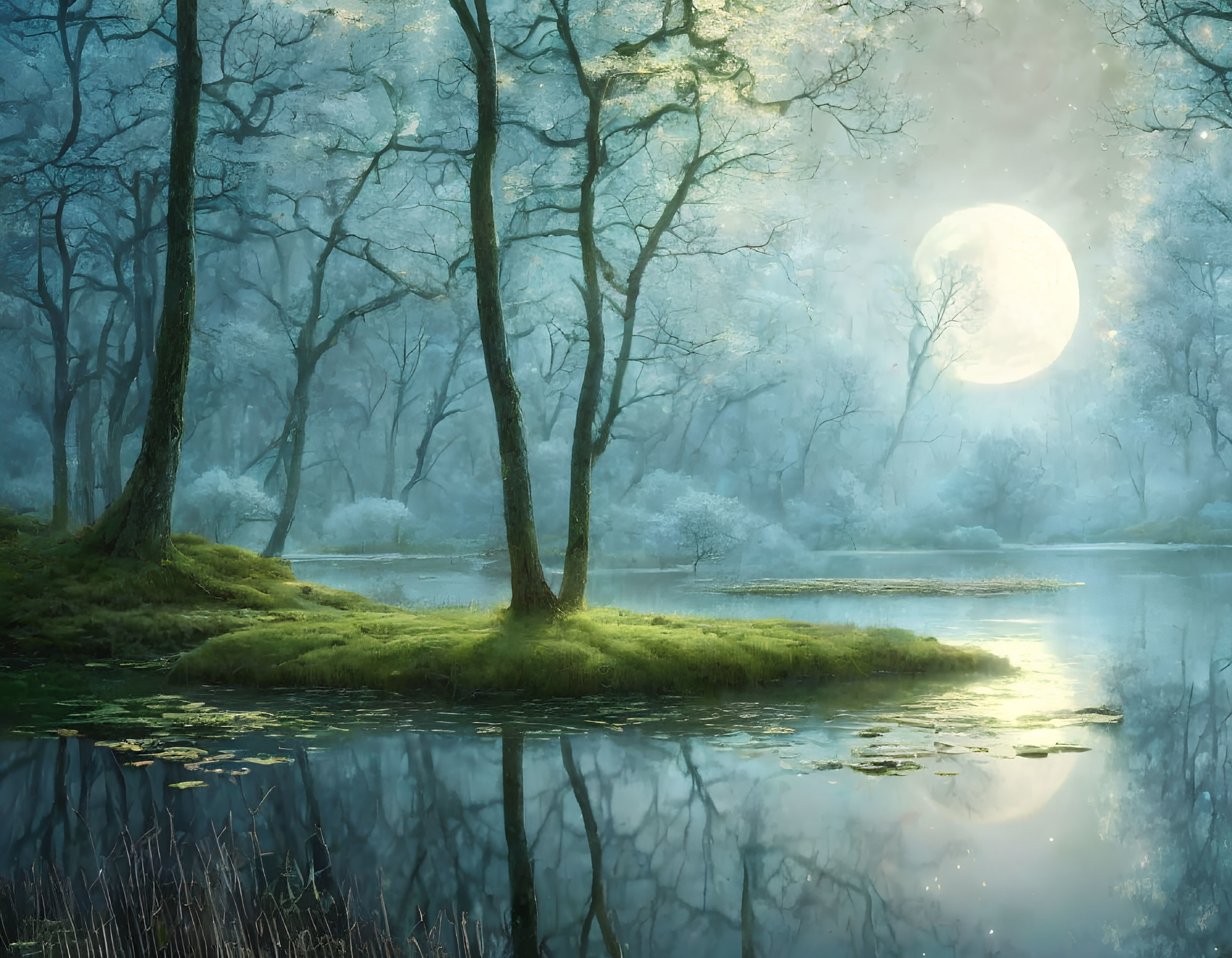 Tranquil lake in misty forest under full moon