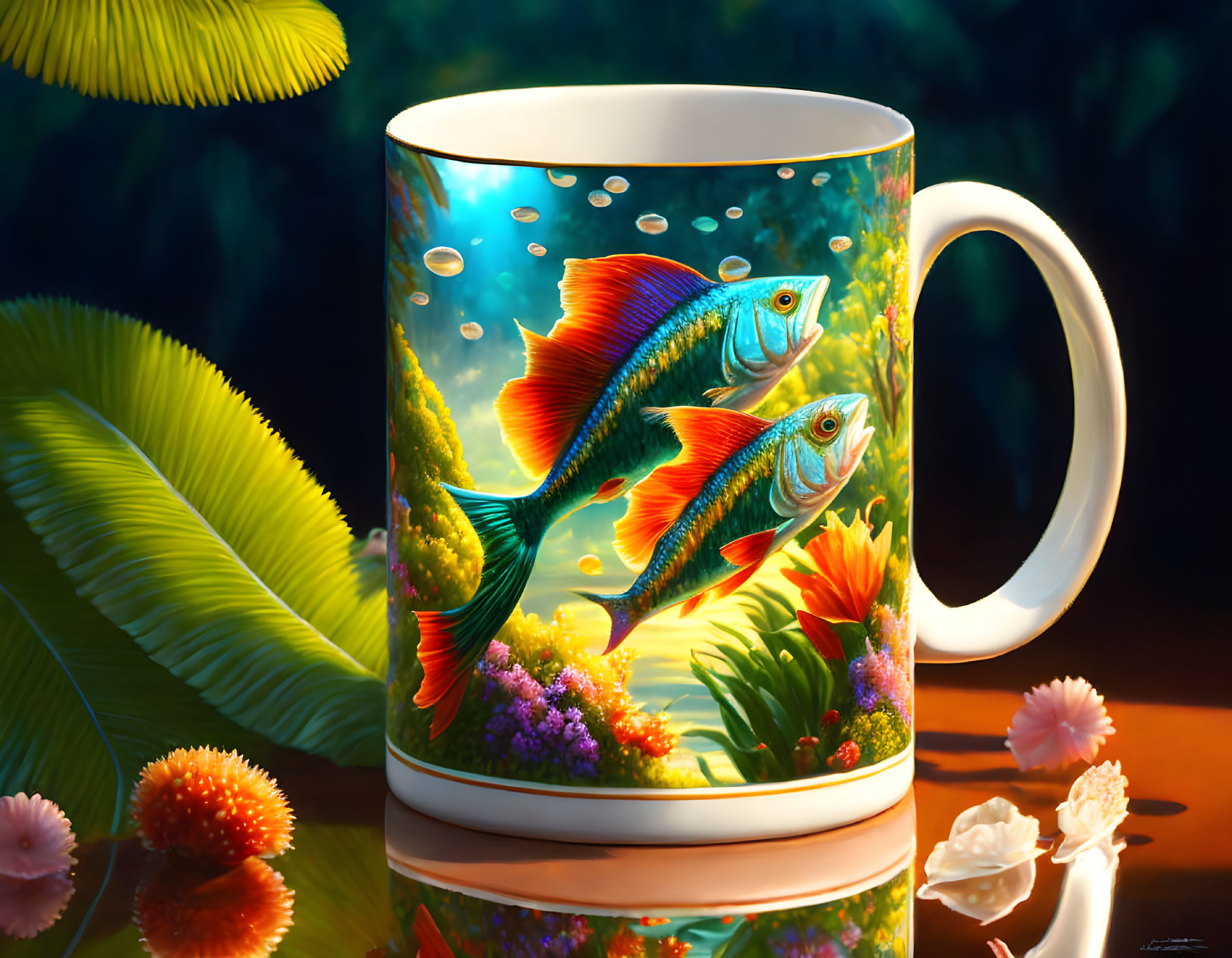 Colorful Underwater Fish Scene Mug with Green Leaves and Flowers on Dark Background