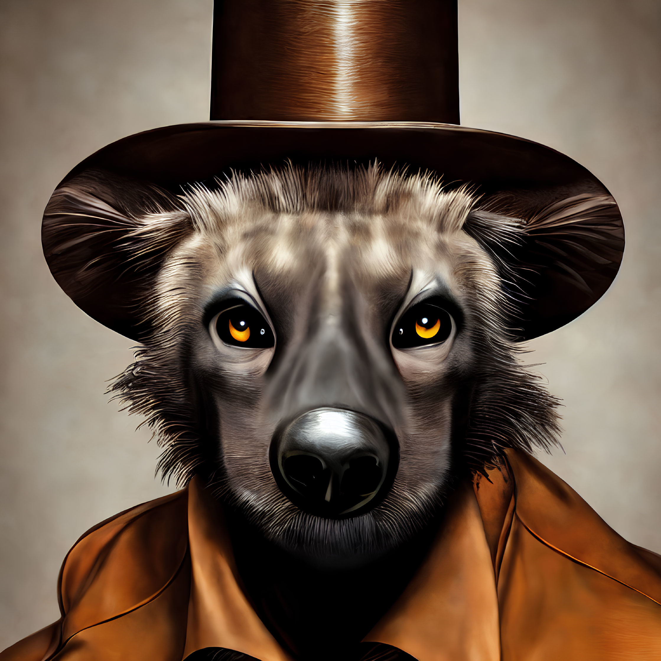 Hyena in Vintage Clothing with Top Hat and Trench Coat