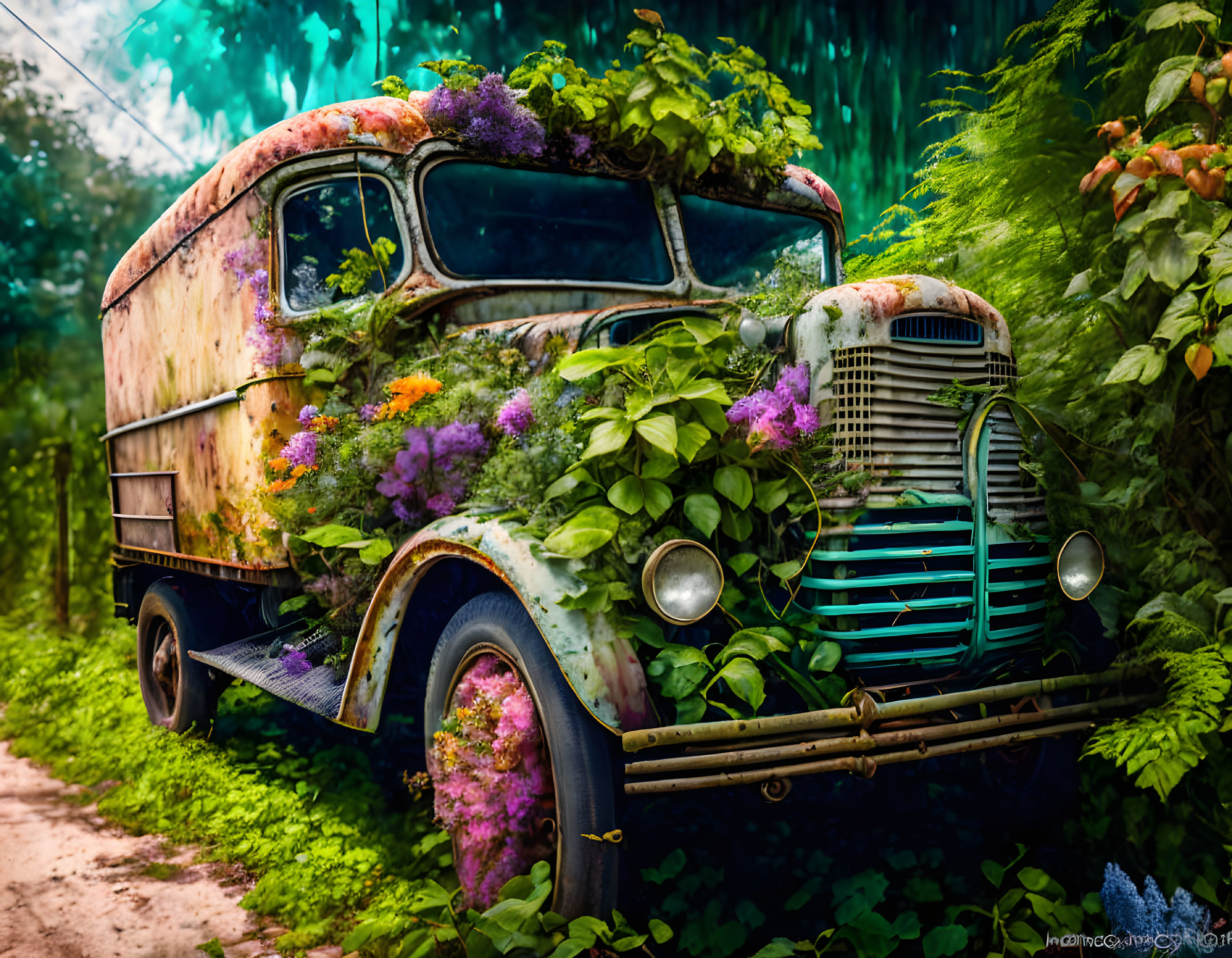 Rusted truck covered in flowers and moss in forest setting