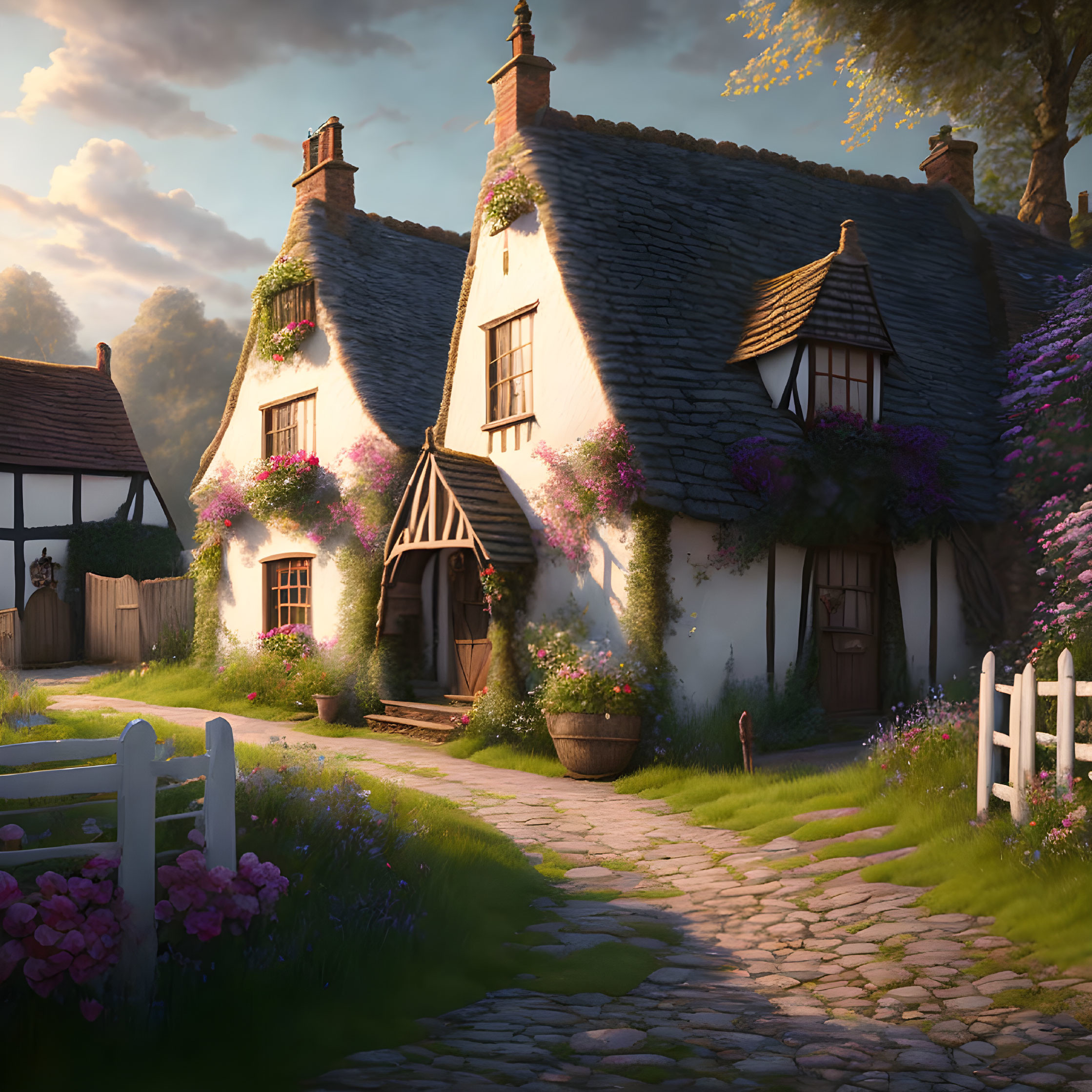 Thatched Roof Cottage Surrounded by Greenery and Flowers at Sunset