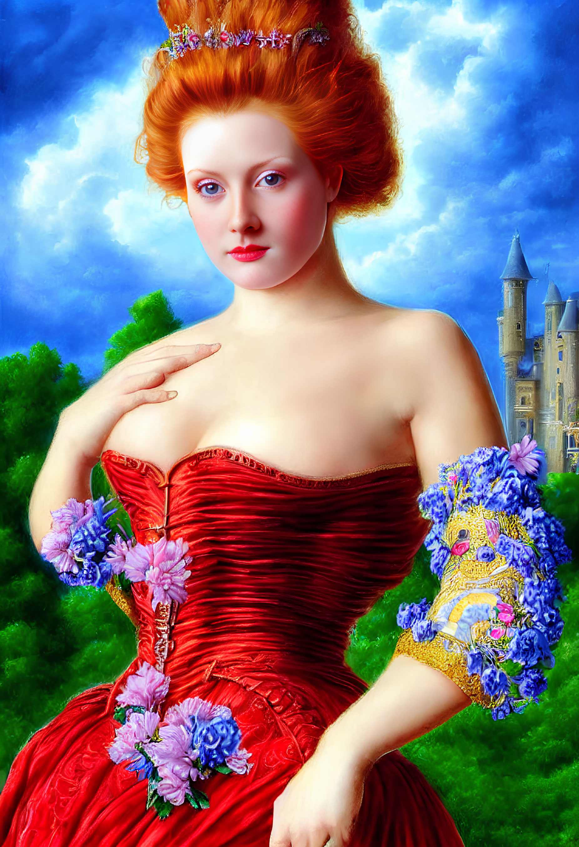 Regal woman in red dress with blue sleeves near castle under blue sky