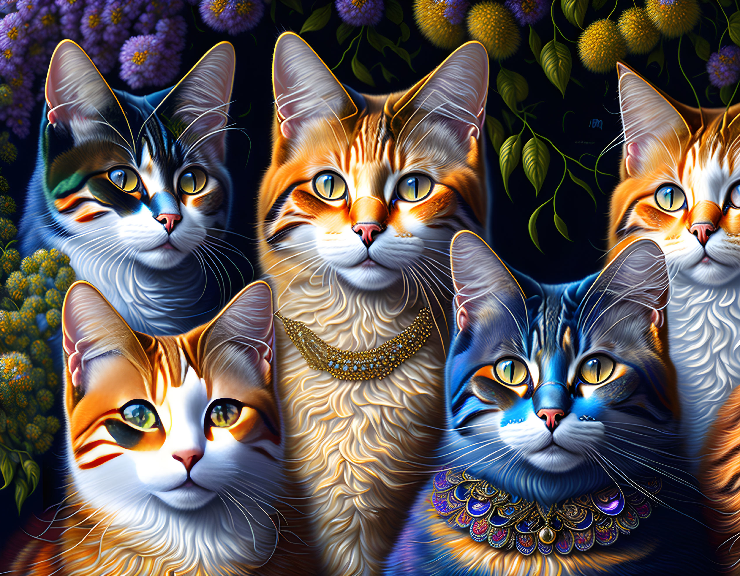 Vibrant Five Cats Illustration with Decorative Collars