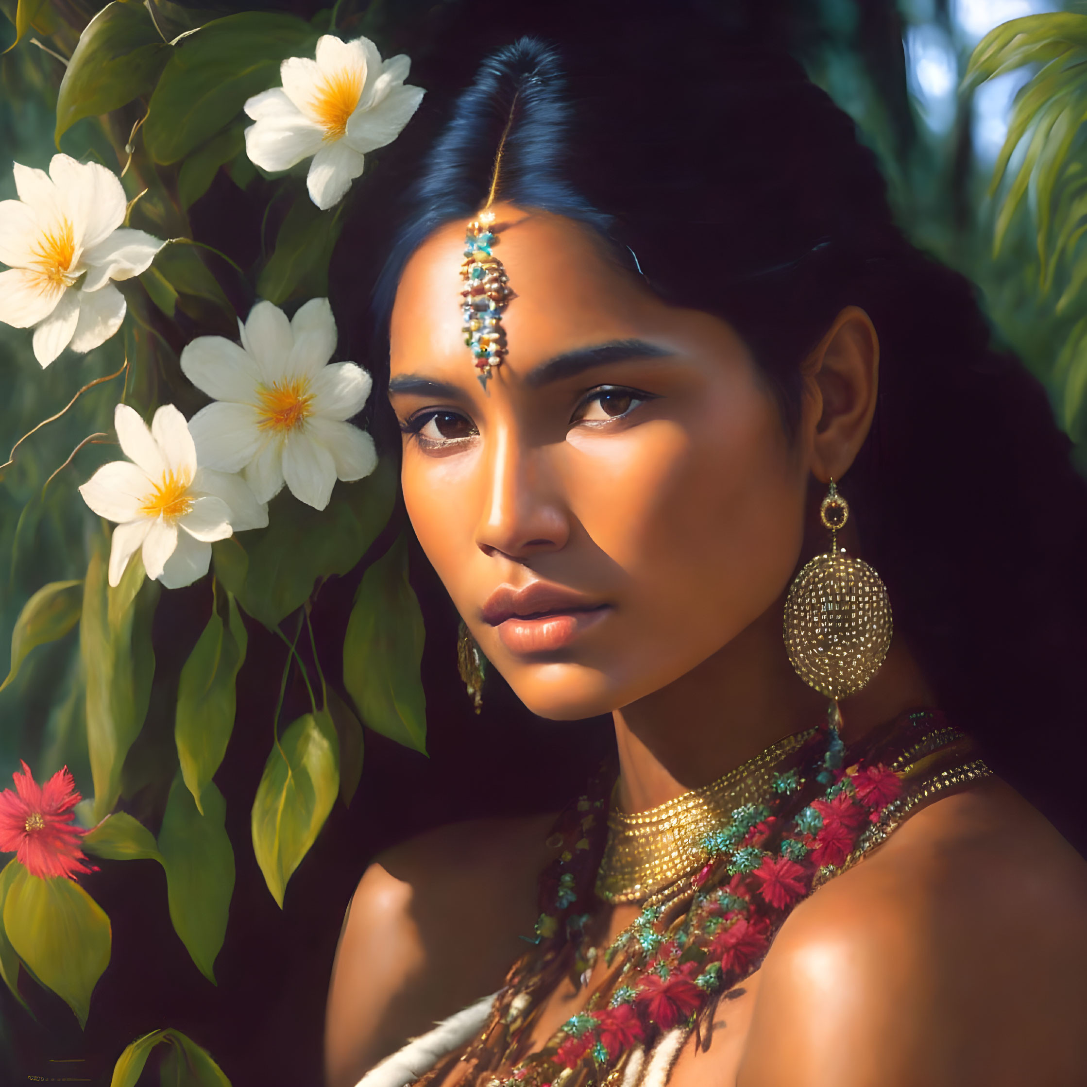 Woman adorned with jewelry posing in lush floral setting under warm light