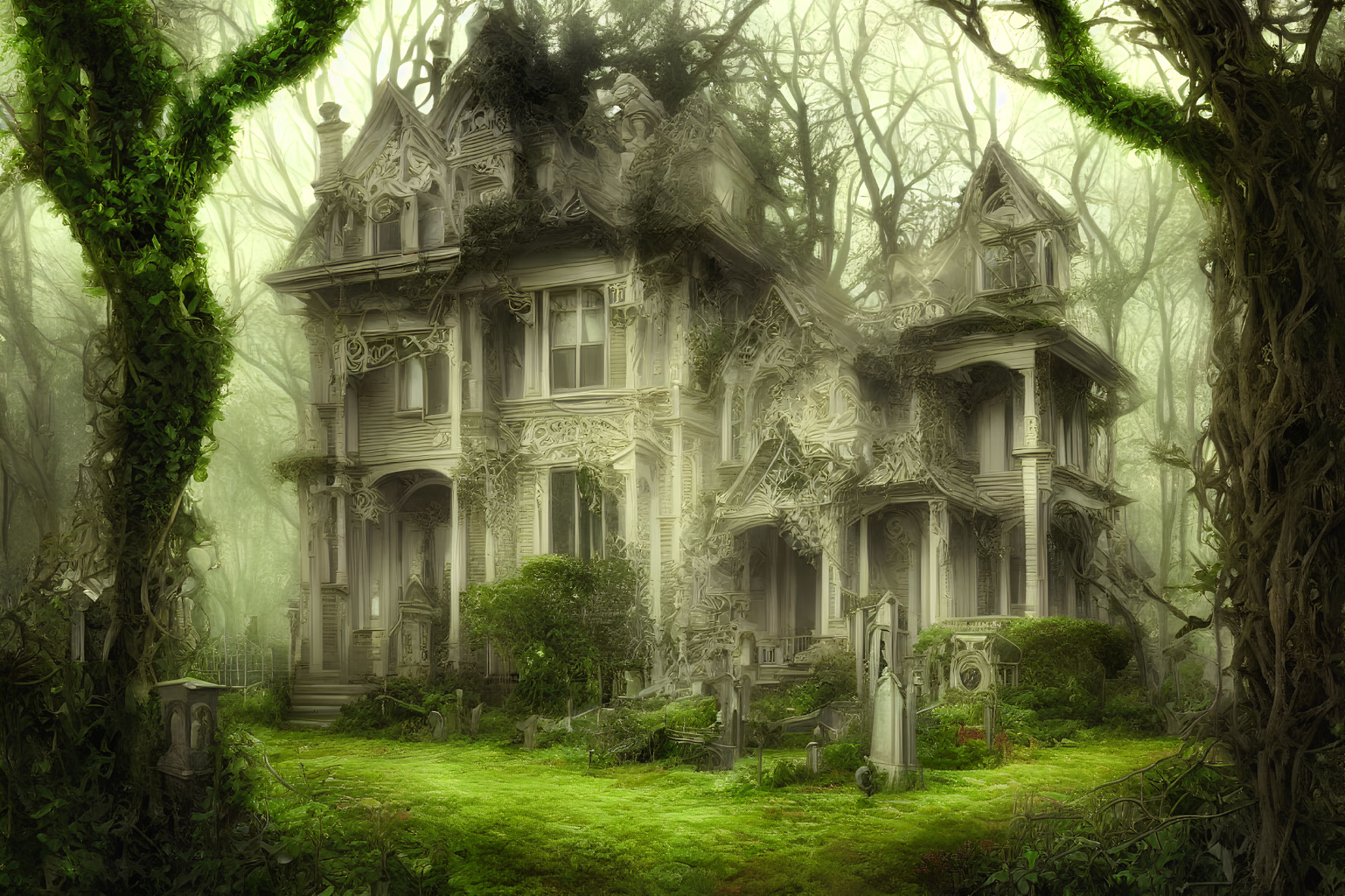 Abandoned mansion in misty forest with overgrown vegetation