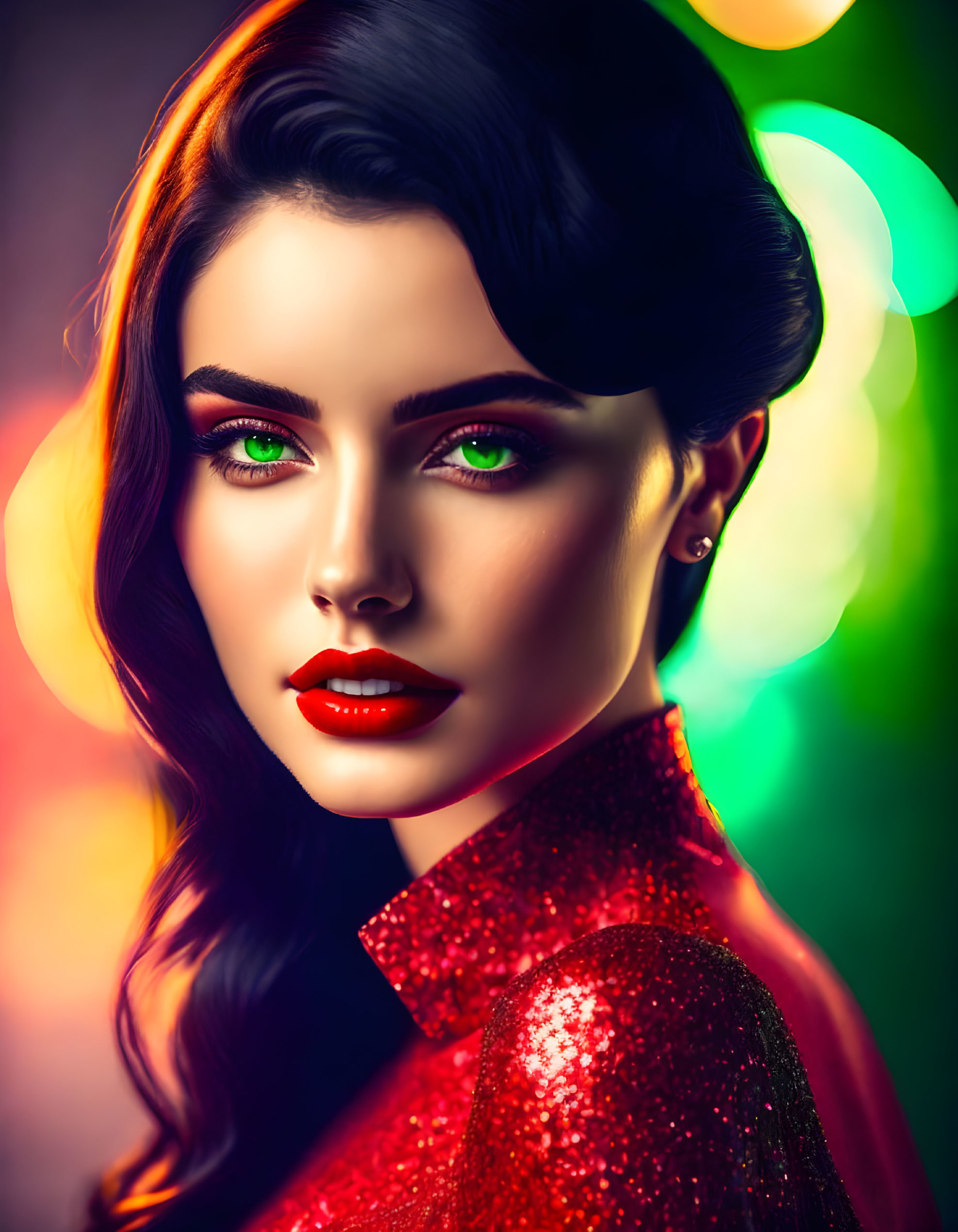 Vibrant digital art portrait of a woman with green eyes, red lips, and wavy hair